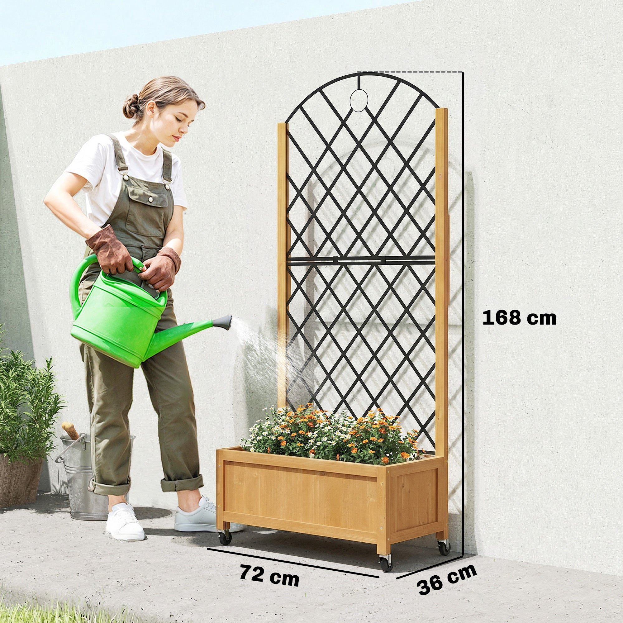 Raised Wooden Planter with Trellis & Wheels, 72 x 36 x 168 cm (28.3 x 14.2 x 66.1 in)