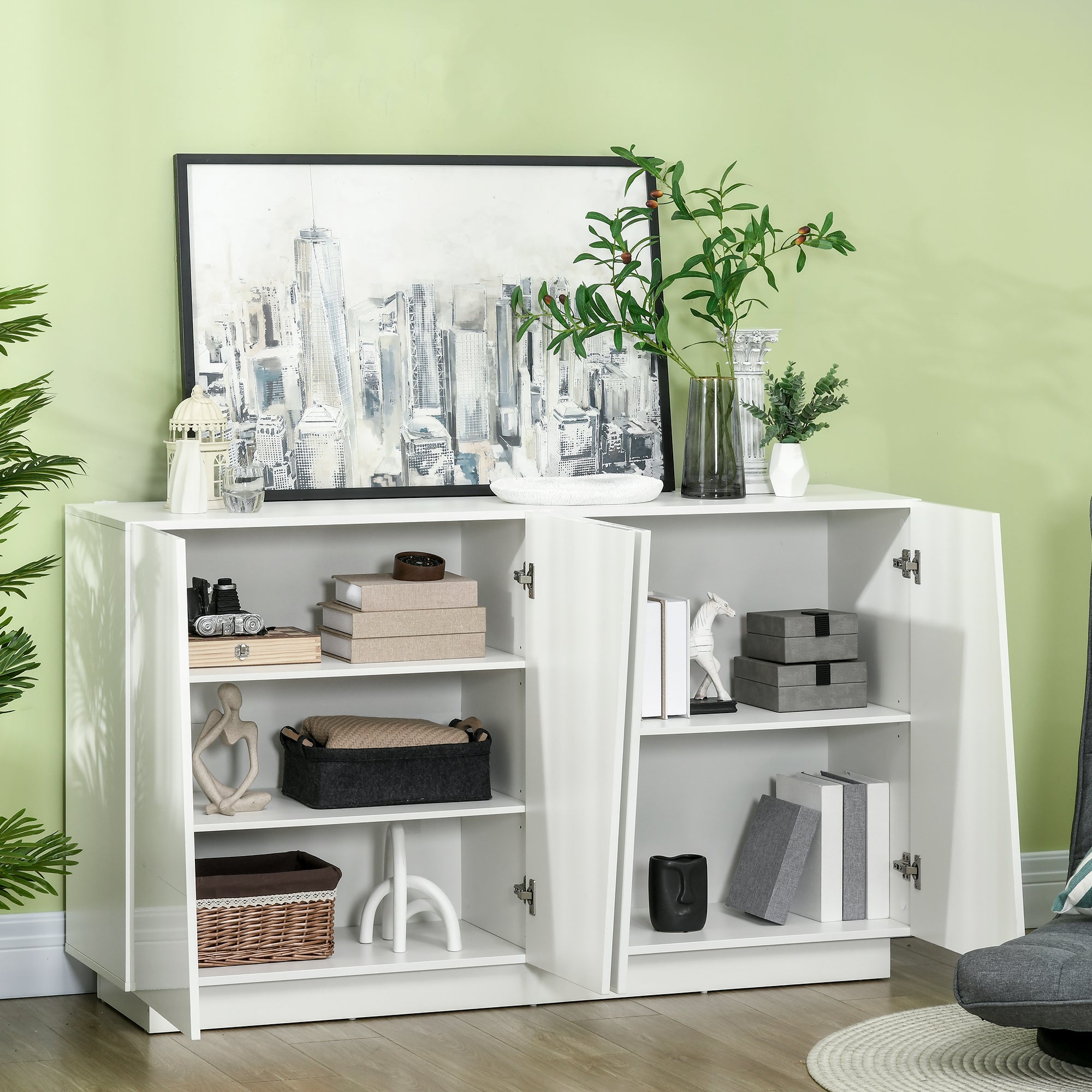 Storage Sideboard Cabinet with Doors and Adjustable Shelf, Storage Wardrobe for Living Room, Kitchen, Bedroom, 150 x 40 x 88 cm, White Gloss