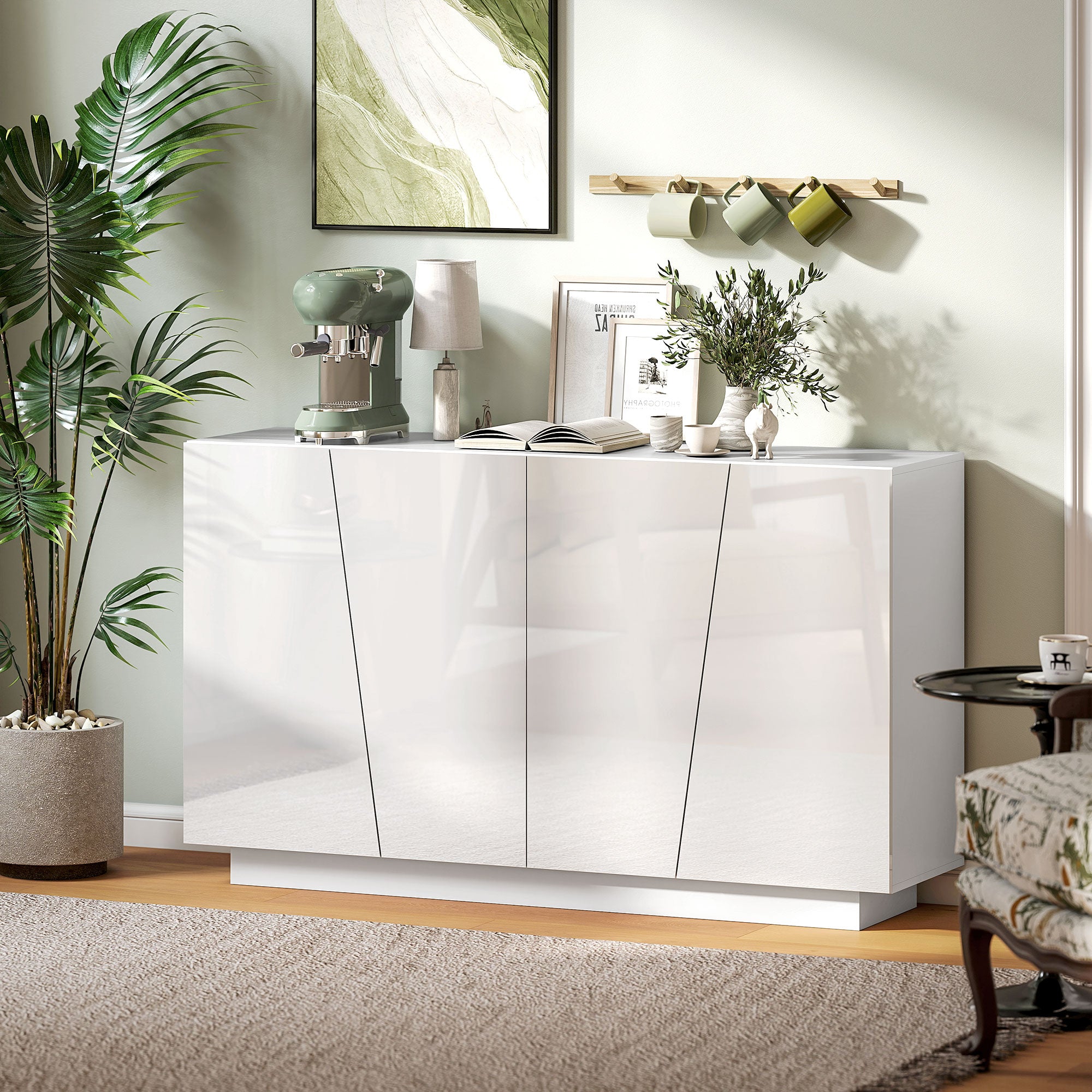 Storage Sideboard Cabinet with Doors and Adjustable Shelf, Storage Wardrobe for Living Room, Kitchen, Bedroom, 150 x 40 x 88 cm, White Gloss