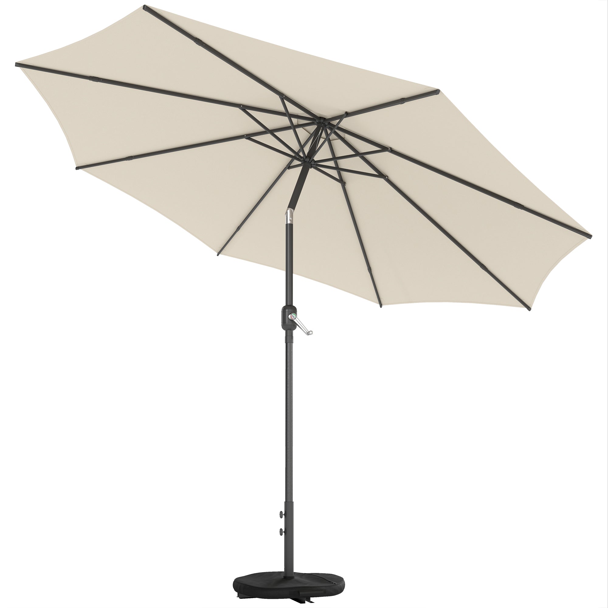 Tilt-Adjustable 9.7 ft Round Retractable Balcony/Patio Umbrella with Crank, Cross Base & Sandbag — UPF 30+, Wind-Resistant, Cream White