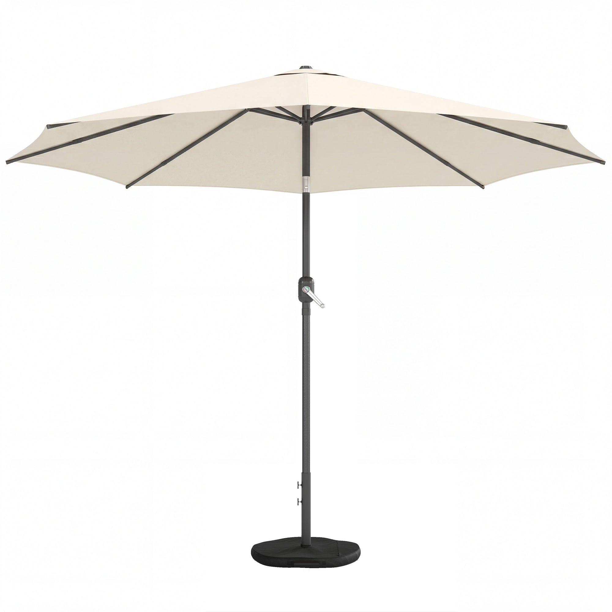 Tilt-Adjustable 9.7 ft Round Retractable Balcony/Patio Umbrella with Crank, Cross Base & Sandbag — UPF 30+, Wind-Resistant, Cream White