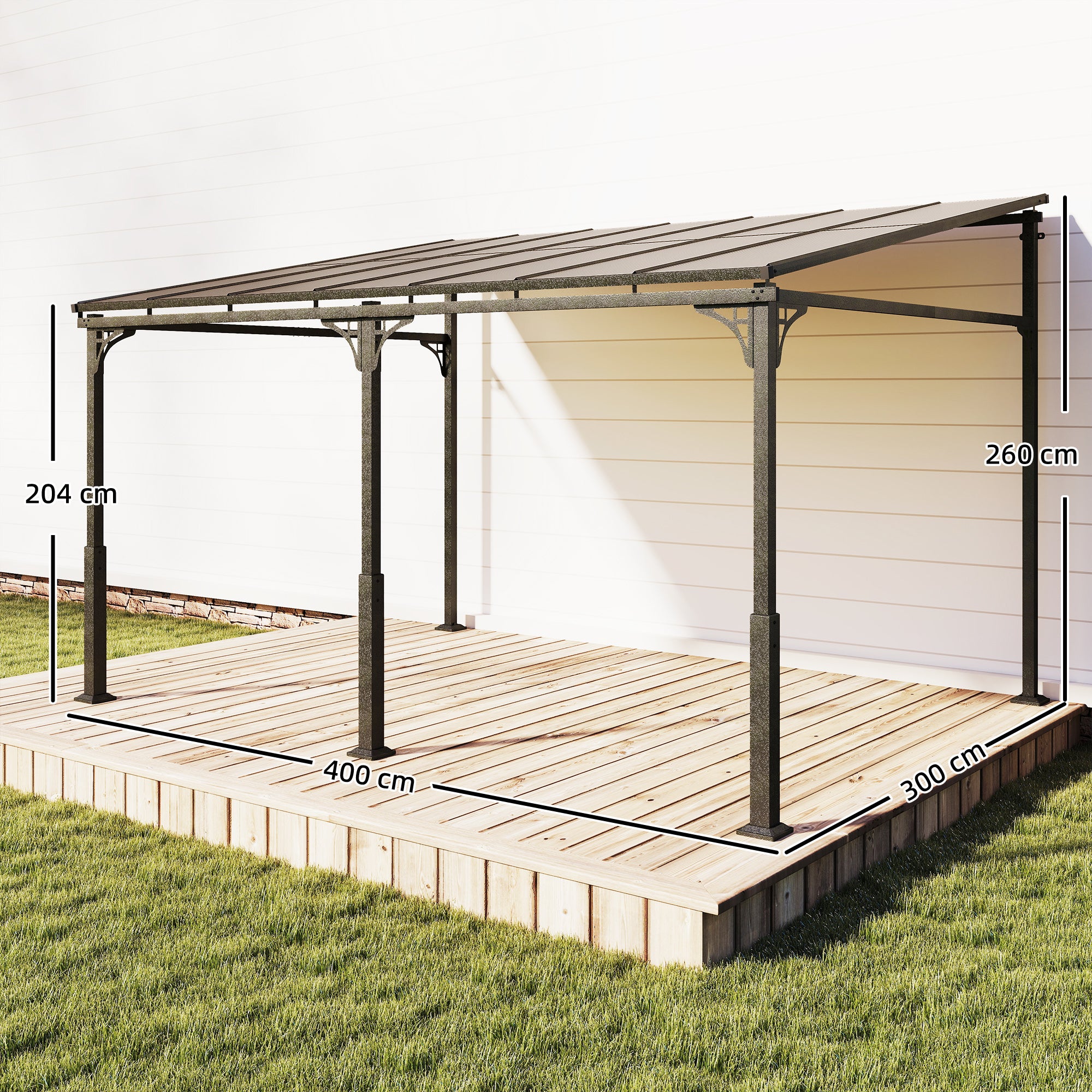 4 x 3 m Wall-Mounted Pergola with 7 mm Polycarbonate Roof — Metal & Aluminum Garden Gazebo, UV Protection, Brown