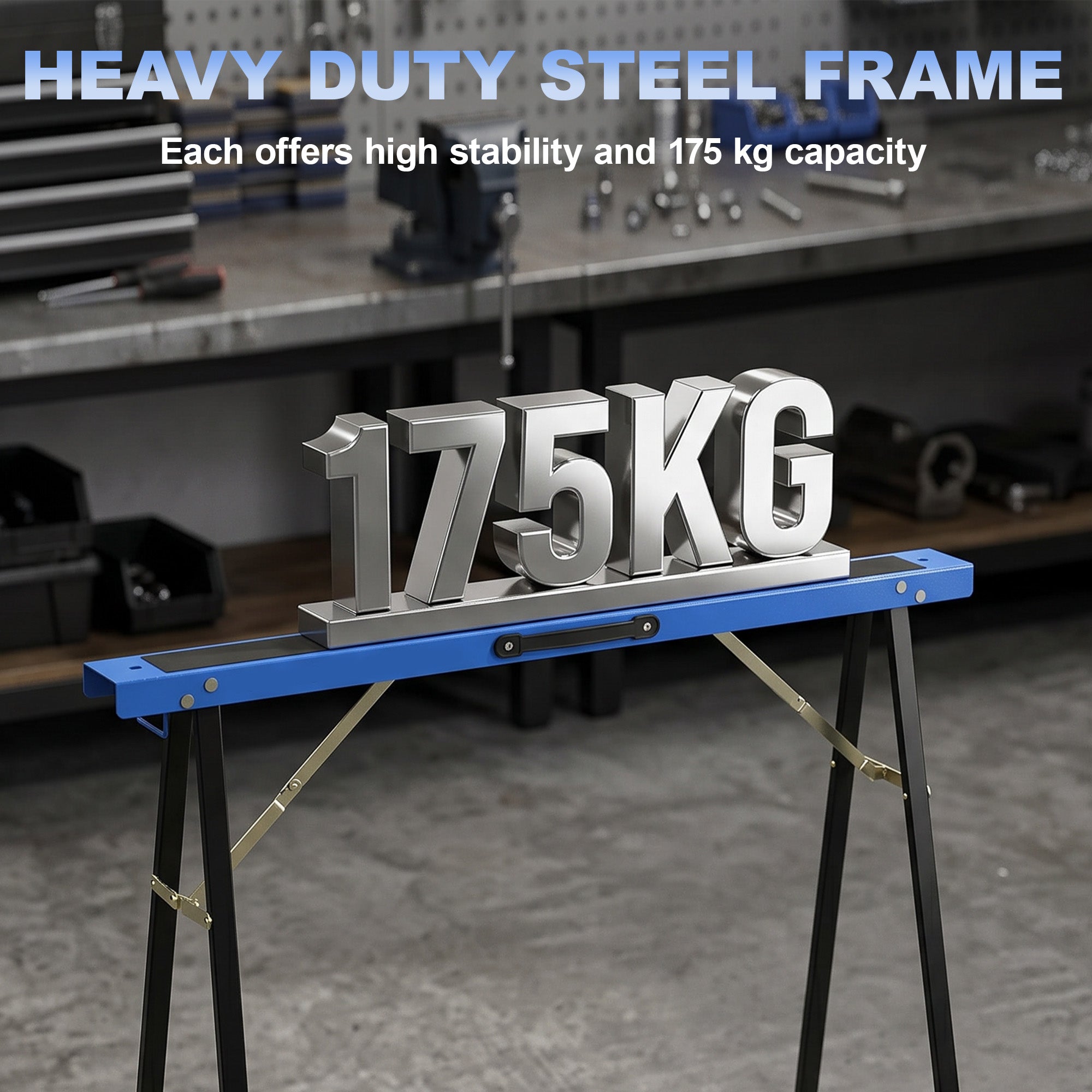 Set of 2 Folding Metal Work Sawhorses with EVA Anti-Slip Top, Carry Handle – Space-Saving Sawhorses for Woodworking, 350 kg (772 lb) Capacity, Blue & Black