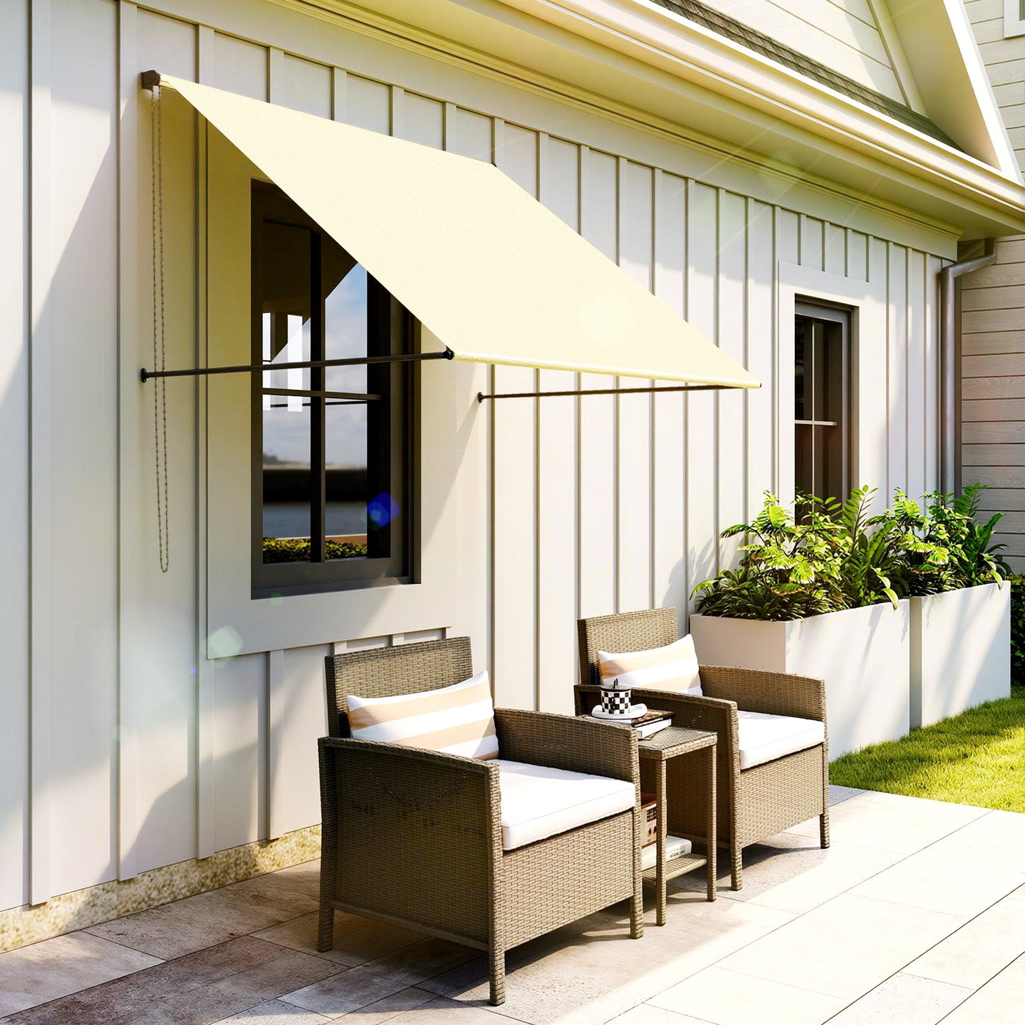 Manual Retractable Patio Awning, Adjustable Tilt, 150 x 116 cm (59 x 46 in), UV30+ Cream