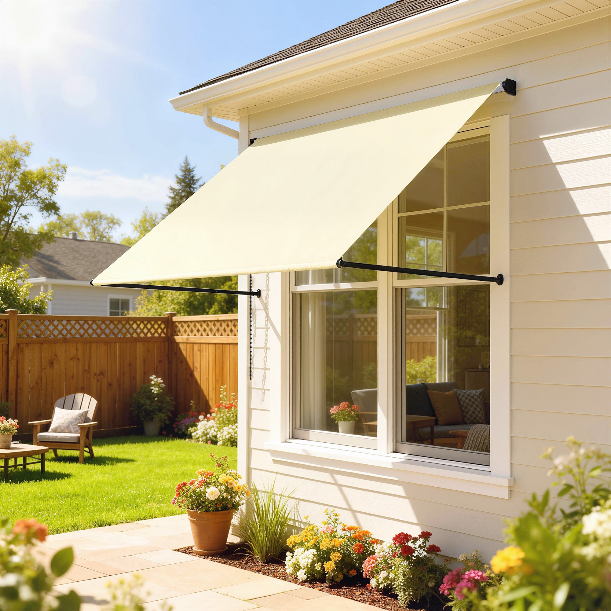 Manual Retractable Patio Awning, Adjustable Tilt, 150 x 116 cm (59 x 46 in), UV30+ Cream