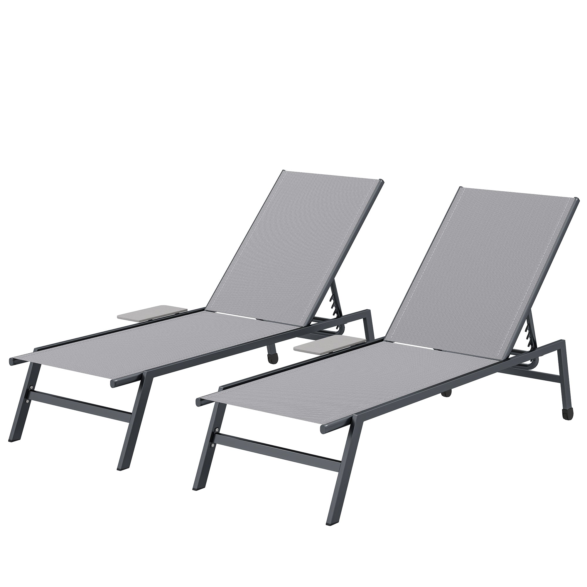 2-Piece Adjustable Sun Lounger Set with 5-Position Backrests, Side Tables & Wheels — Slip-Resistant Feet, Up to 265 lb, Outdoor Chaise for Pool & Beach, Gray