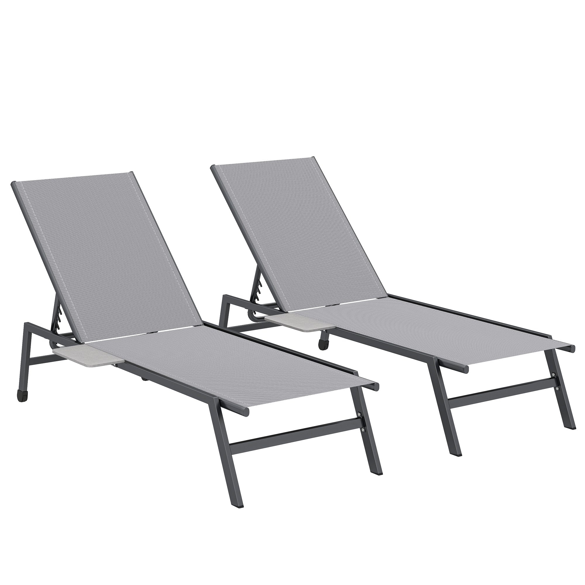 2-Piece Adjustable Sun Lounger Set with 5-Position Backrests, Side Tables & Wheels — Slip-Resistant Feet, Up to 265 lb, Outdoor Chaise for Pool & Beach, Gray
