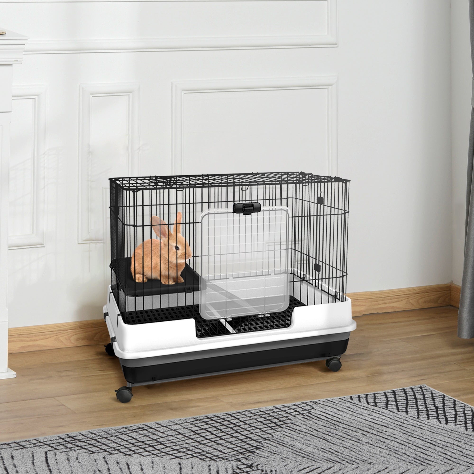 Metal Cage for Rabbits Guinea Pigs in Black with 2 Doors and Removable Tray 81.2x52.7x70cm