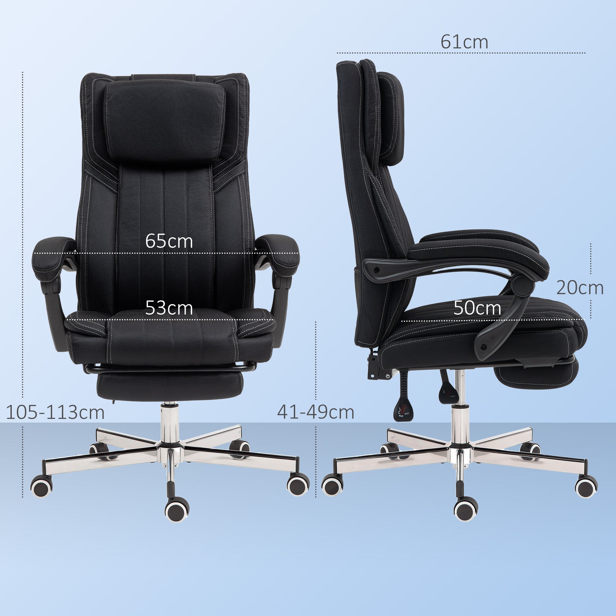 Office Chair Ergonomic Desk Chair Adjustable Height Reclining Backrest Armrests Footrest and Headrest Swivel Office Chair with Wheels 65x61x105-113cm Black