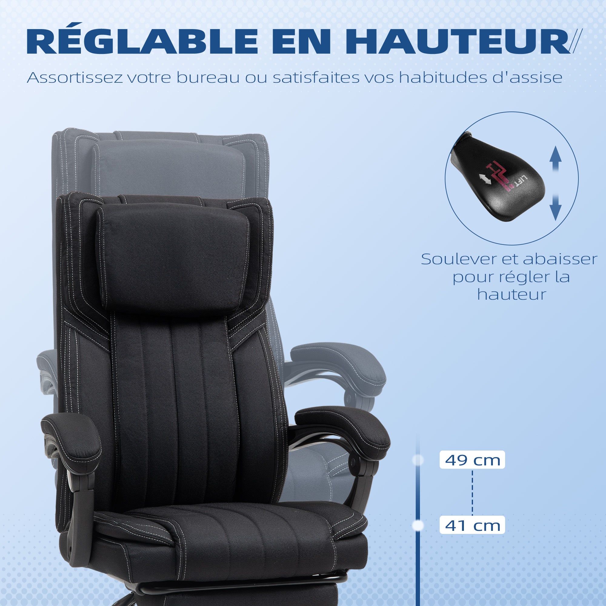 Office Chair Ergonomic Desk Chair Adjustable Height Reclining Backrest Armrests Footrest and Headrest Swivel Office Chair with Wheels 65x61x105-113cm Black