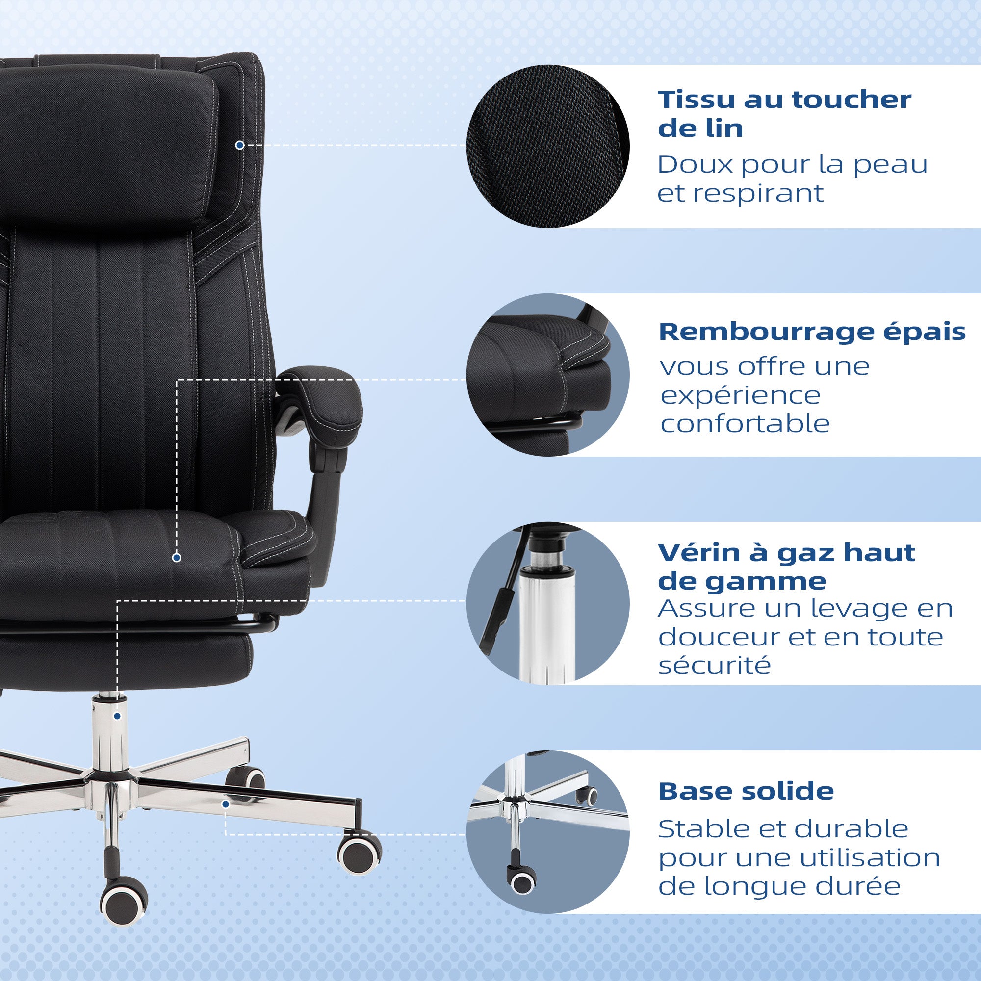 Office Chair Ergonomic Desk Chair Adjustable Height Reclining Backrest Armrests Footrest and Headrest Swivel Office Chair with Wheels 65x61x105-113cm Black