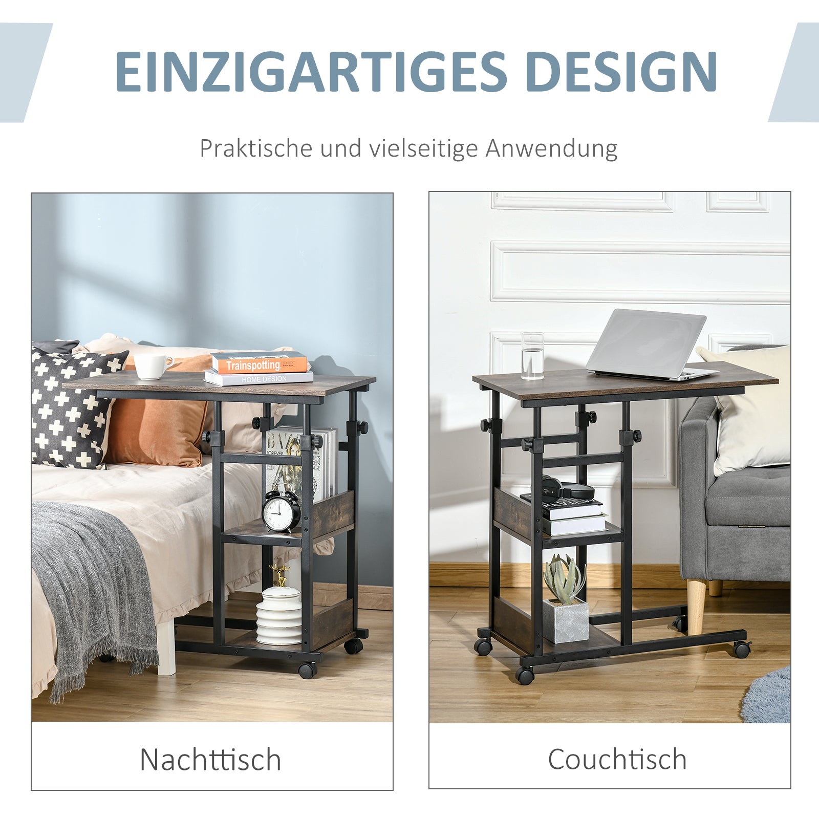 Side Table Coffee Table with Wheels, Height Adjustable Desk with 2 Lower Shelves, End Table Laptop Table, Bedside Table, for Dining Room Living Room, Metal, Brown, 80x40x72-82 cm