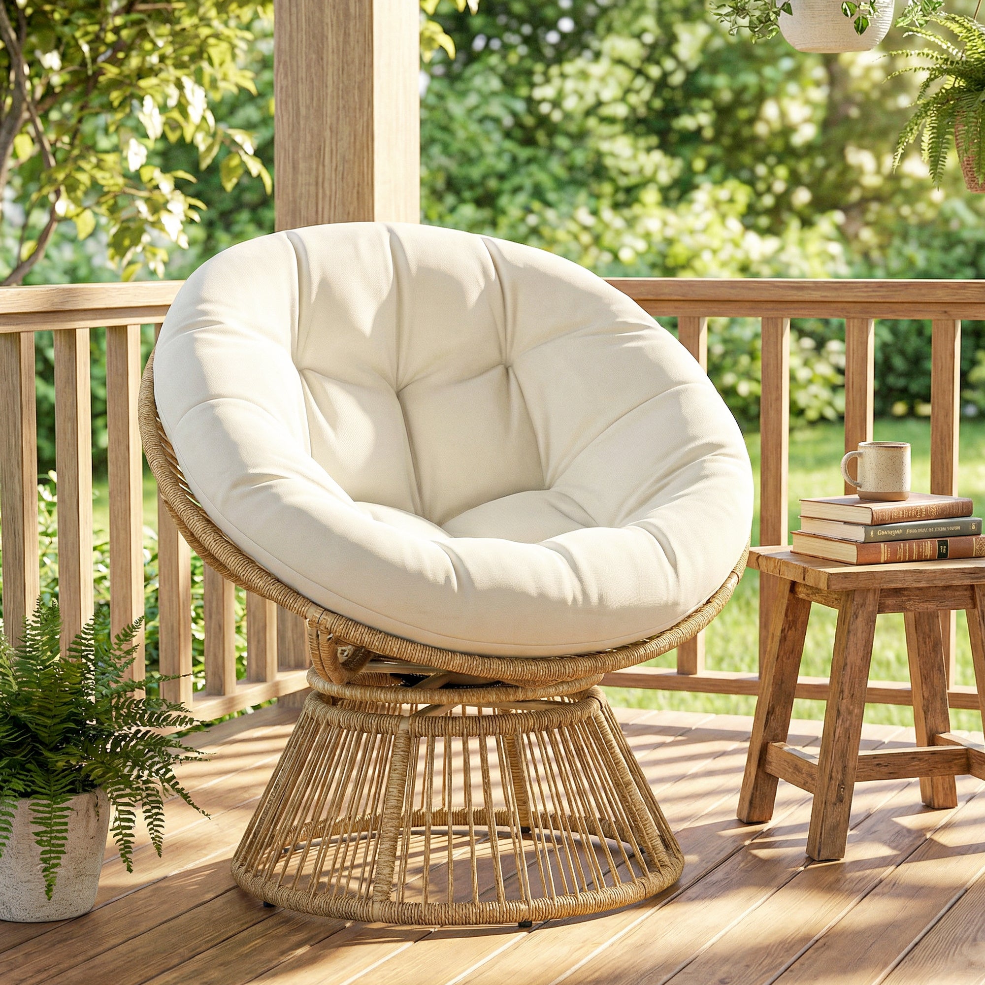 360° Swivel Papasan Chair with Cushion, Round PE Rattan Lounger on Steel Frame — Cream White