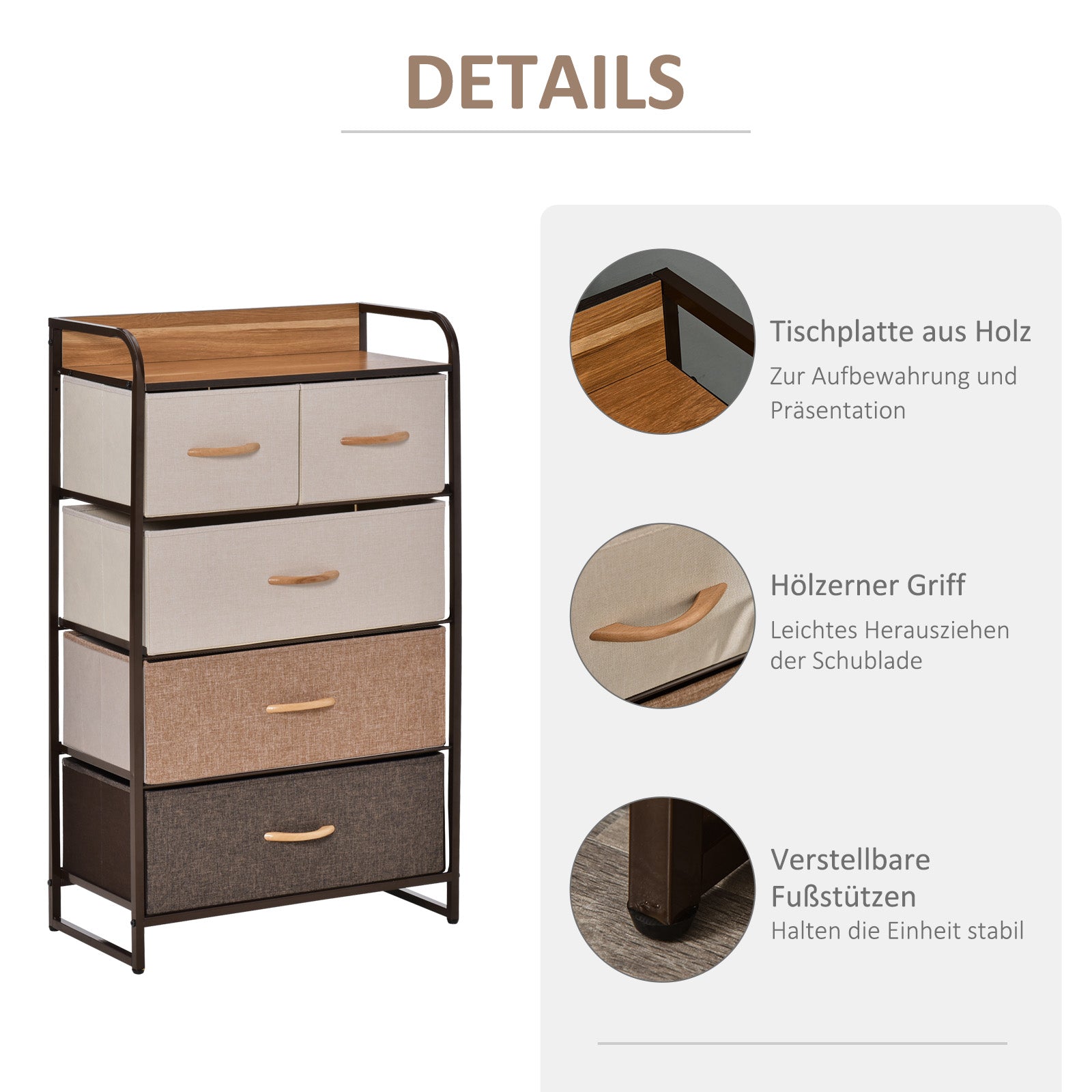 Chest of Drawers, Sideboard with 5 Foldable Fabric Drawers, Handle, Storage Cabinet with Anti-tipping device for Living Room, Bedroom, Brown