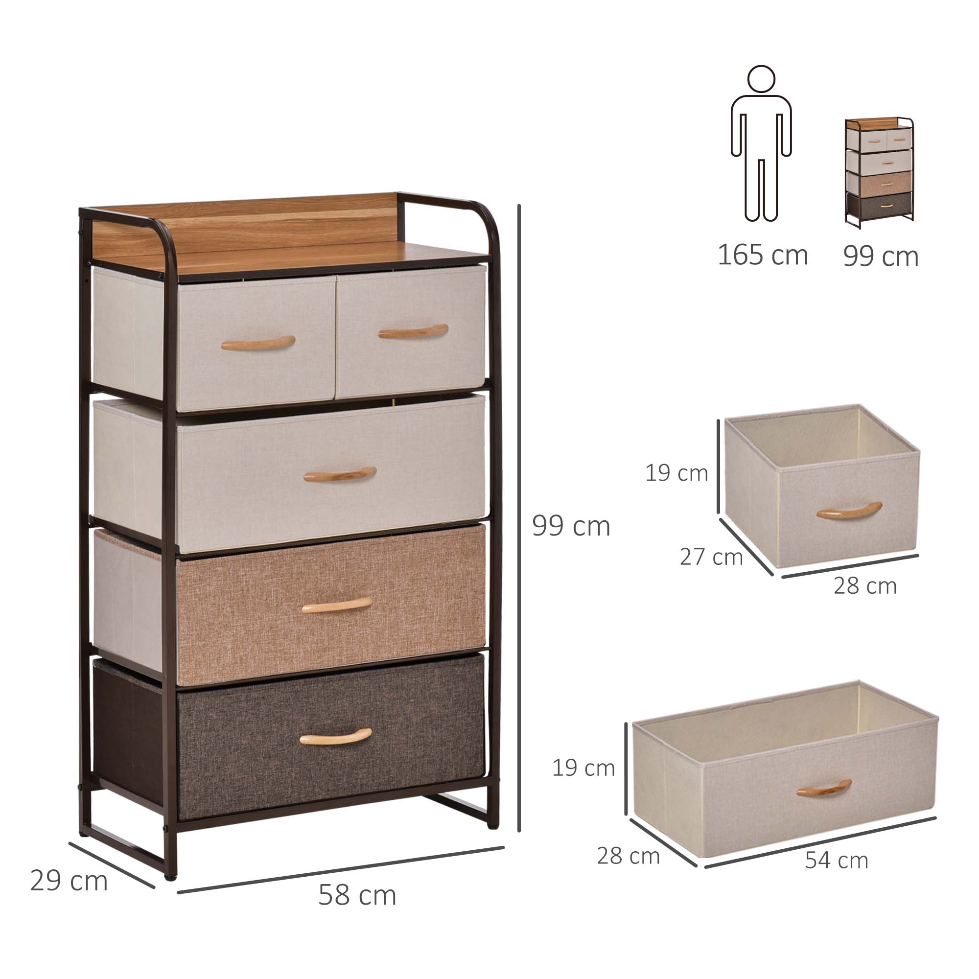 Chest of Drawers, Sideboard with 5 Foldable Fabric Drawers, Handle, Storage Cabinet with Anti-tipping device for Living Room, Bedroom, Brown