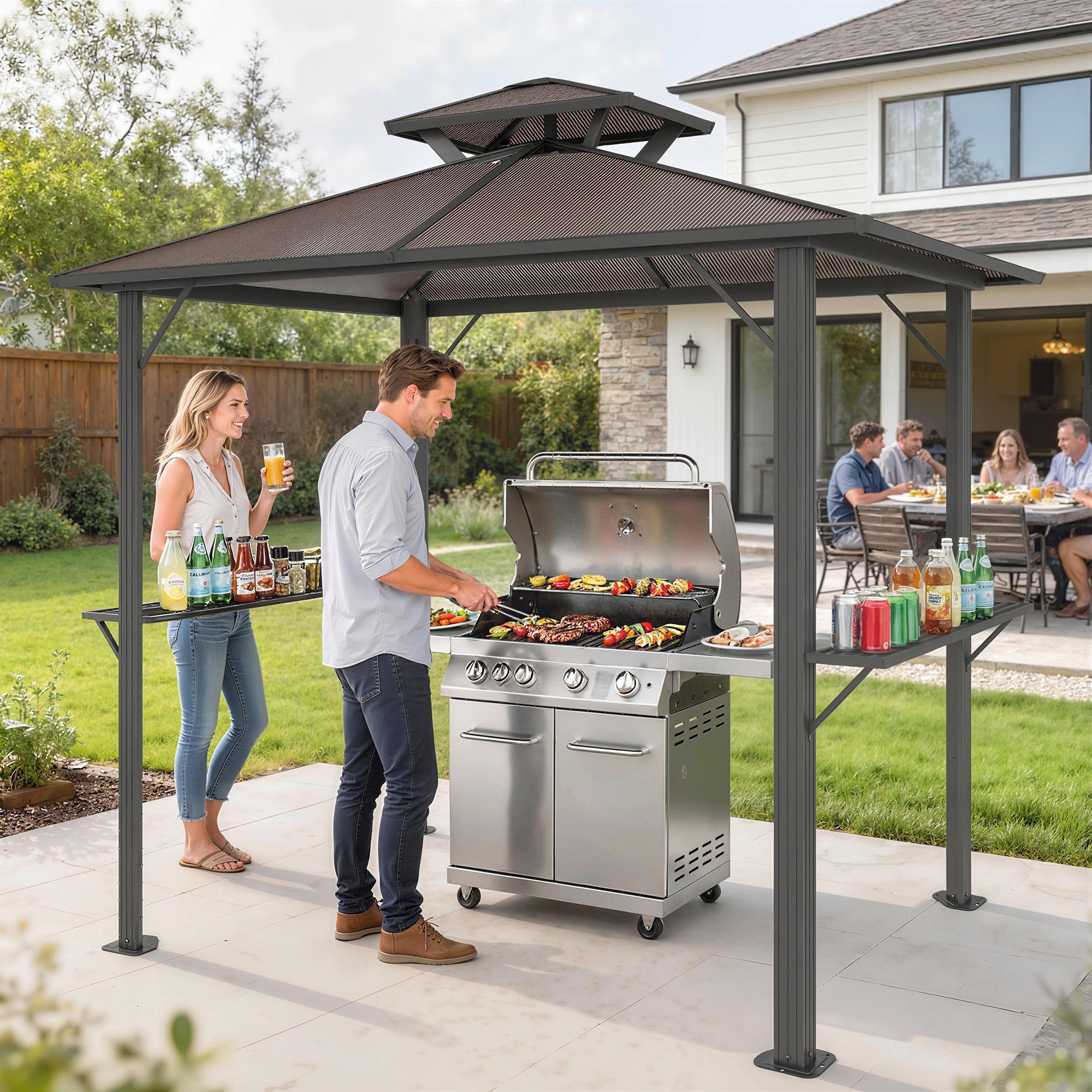 Grill Pavilion 2.5 x 1.5 m (approx. 8.2 x 4.9 ft) — Waterproof Double Polycarbonate Roof BBQ Canopy with Side Shelves, Aluminum Frame, UV-Resistant, Brown