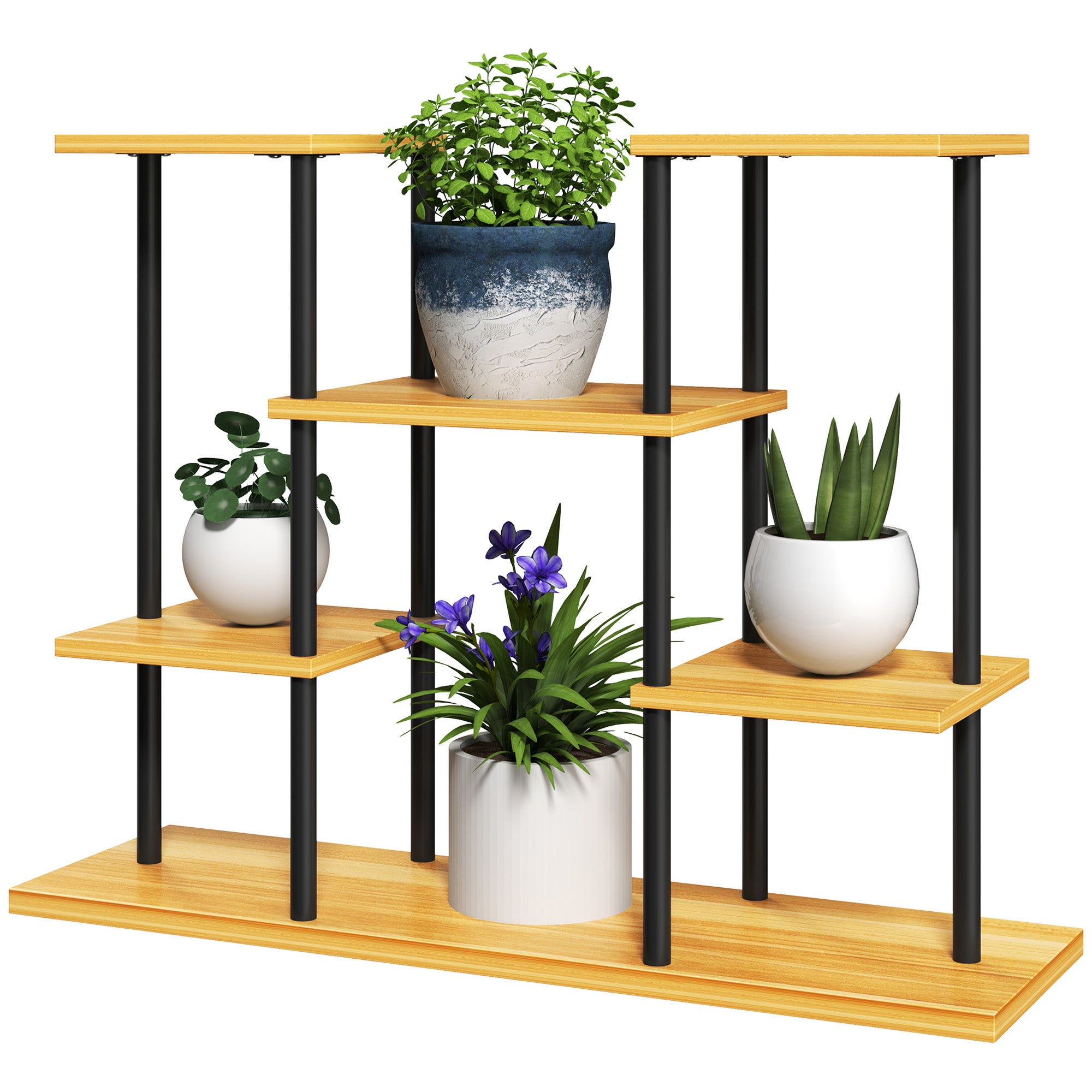 Indoor Plant Stand, 6-Tier Plant Shelf, Steel Frame Solid Wood Base, Plant Holder for Living Room, Balcony, Garden, Natural Wood