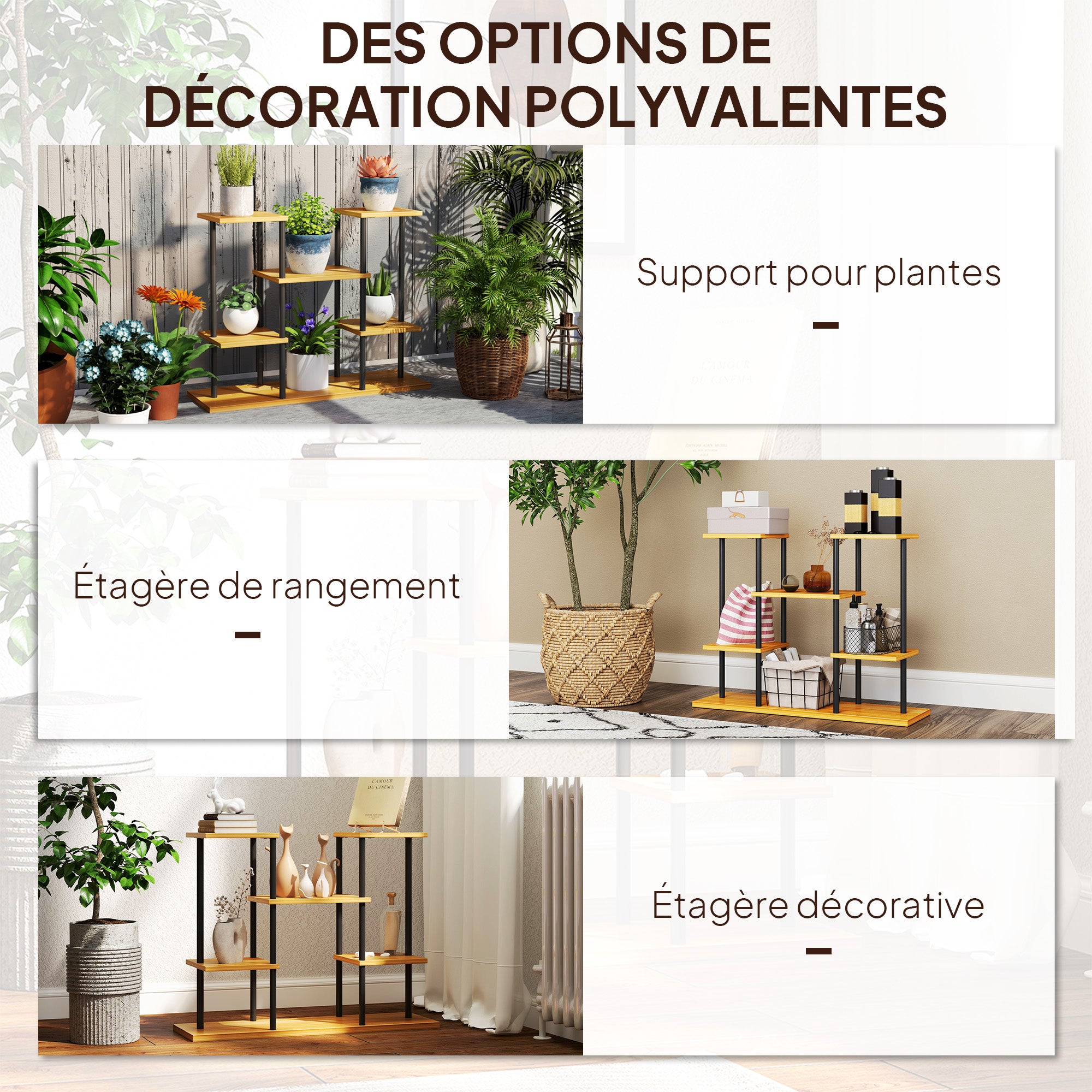 Indoor Plant Stand, 6-Tier Plant Shelf, Steel Frame Solid Wood Base, Plant Holder for Living Room, Balcony, Garden, Natural Wood