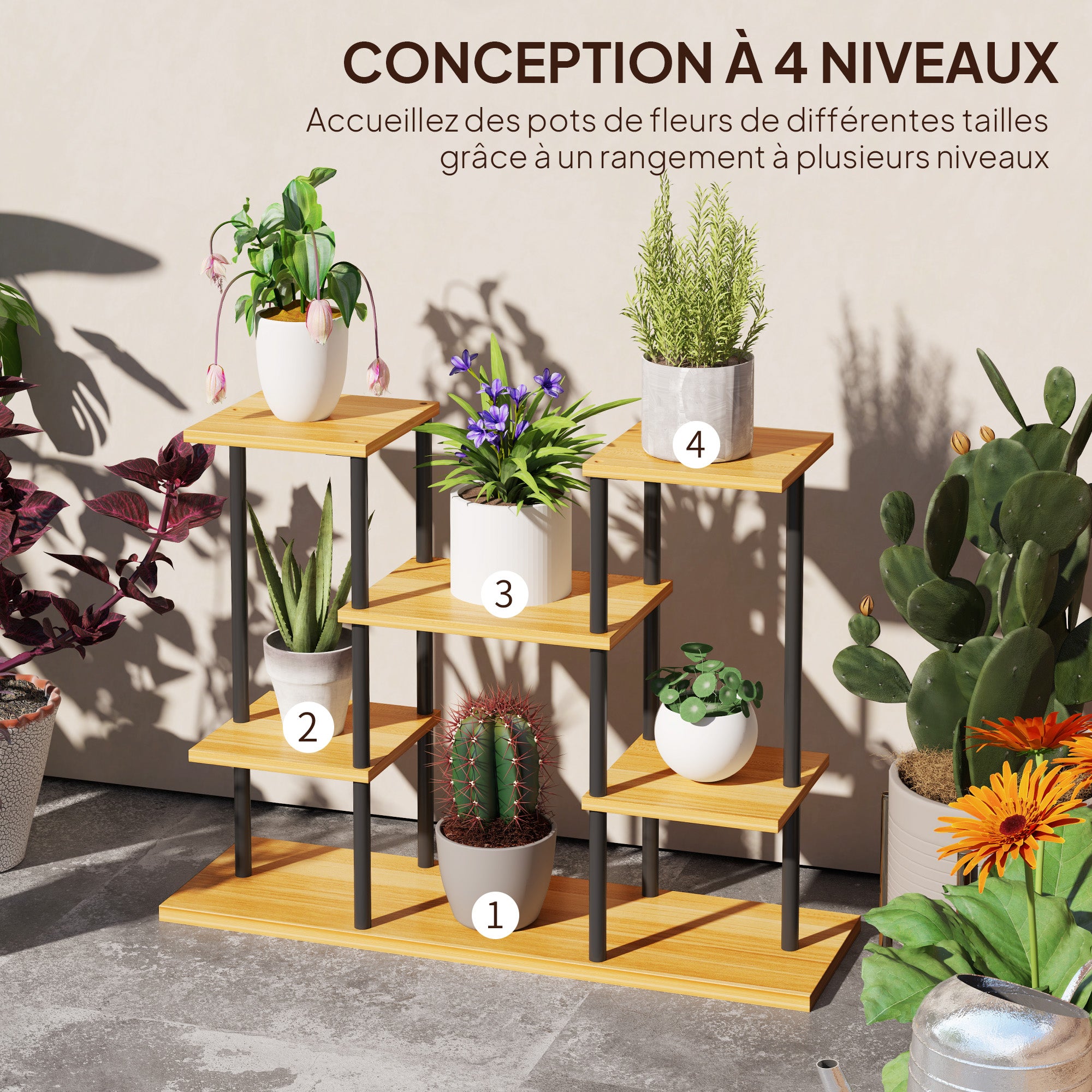 Indoor Plant Stand, 6-Tier Plant Shelf, Steel Frame Solid Wood Base, Plant Holder for Living Room, Balcony, Garden, Natural Wood