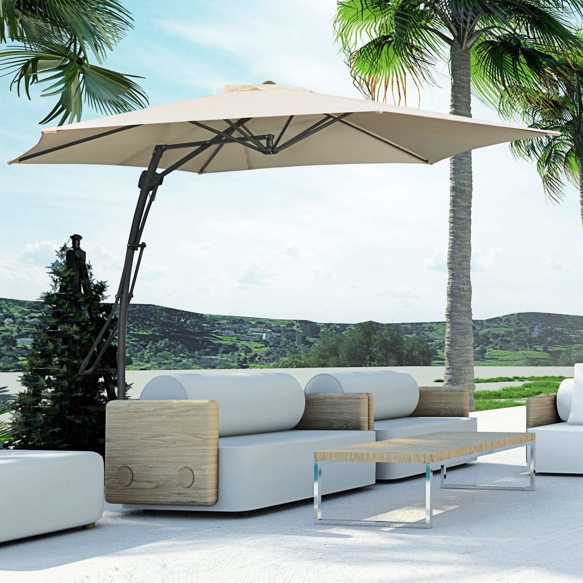 Offset Patio Umbrella Ø293 cm (9.6 ft) with Crank, Cross Base — Water-Resistant, Wind-Resistant, UV Protection, Cream
