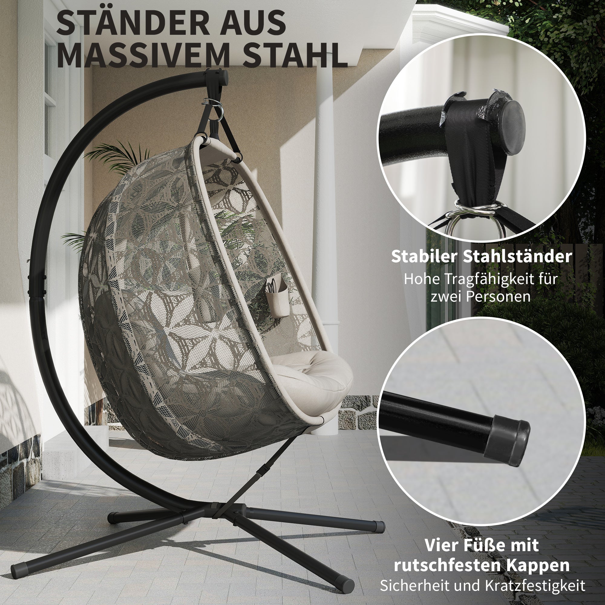 Foldable XXL Egg Hanging Chair with Stand — 2-Person Hanging Basket Swing, Thick Cushion, Cup Holders & Safety Strap — Indoor/Outdoor, Sand (529 lb)