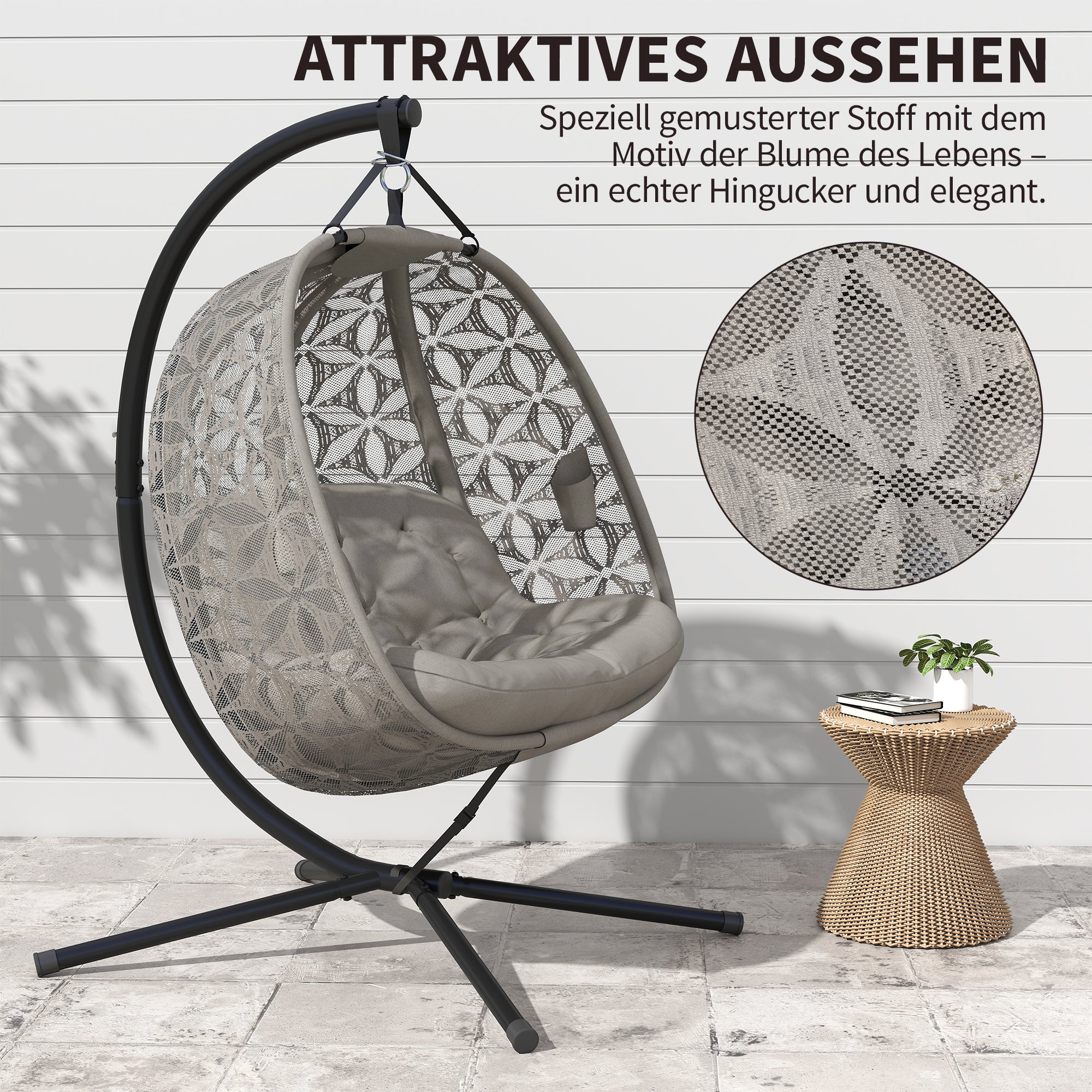 Foldable XXL Egg Hanging Chair with Stand — 2-Person Hanging Basket Swing, Thick Cushion, Cup Holders & Safety Strap — Indoor/Outdoor, Sand (529 lb)