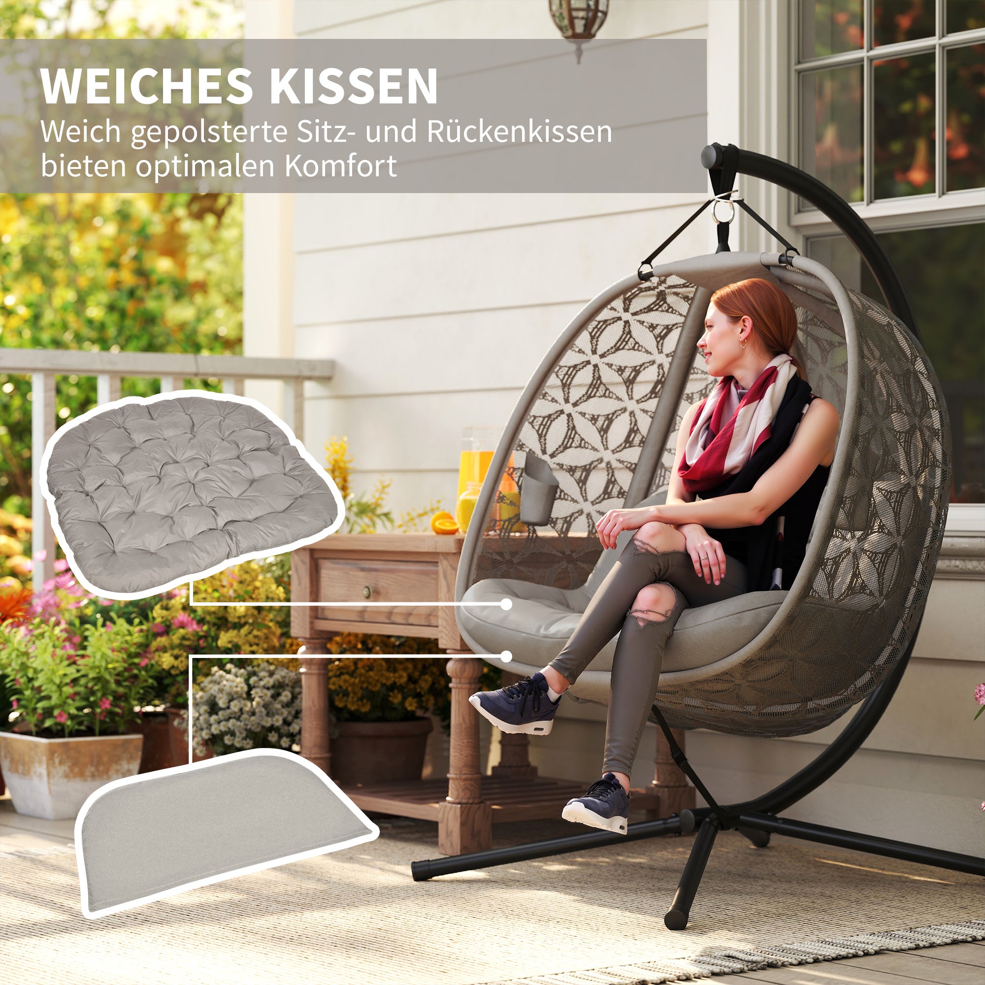Foldable XXL Egg Hanging Chair with Stand — 2-Person Hanging Basket Swing, Thick Cushion, Cup Holders & Safety Strap — Indoor/Outdoor, Sand (529 lb)