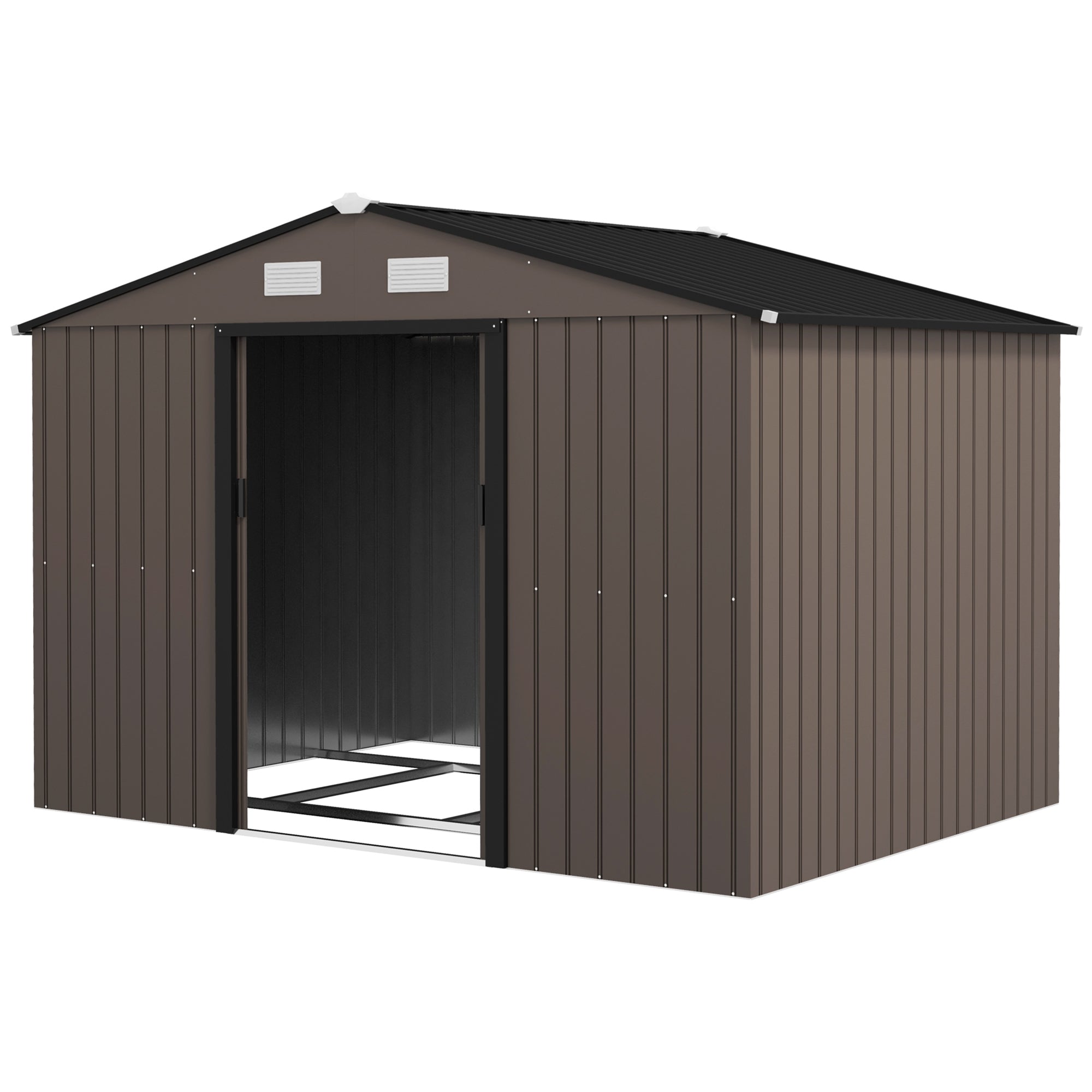 XXL Galvanized Steel Garden Shed 5.4 m² (58 sq ft) with Foundation Kit, 277 x 195 x 192 cm (9 ft 1 in x 6 ft 5 in x 6 ft 4 in), Outdoor Tool Storage Shed with Lockable Sliding Doors & 4 Vents, Brown