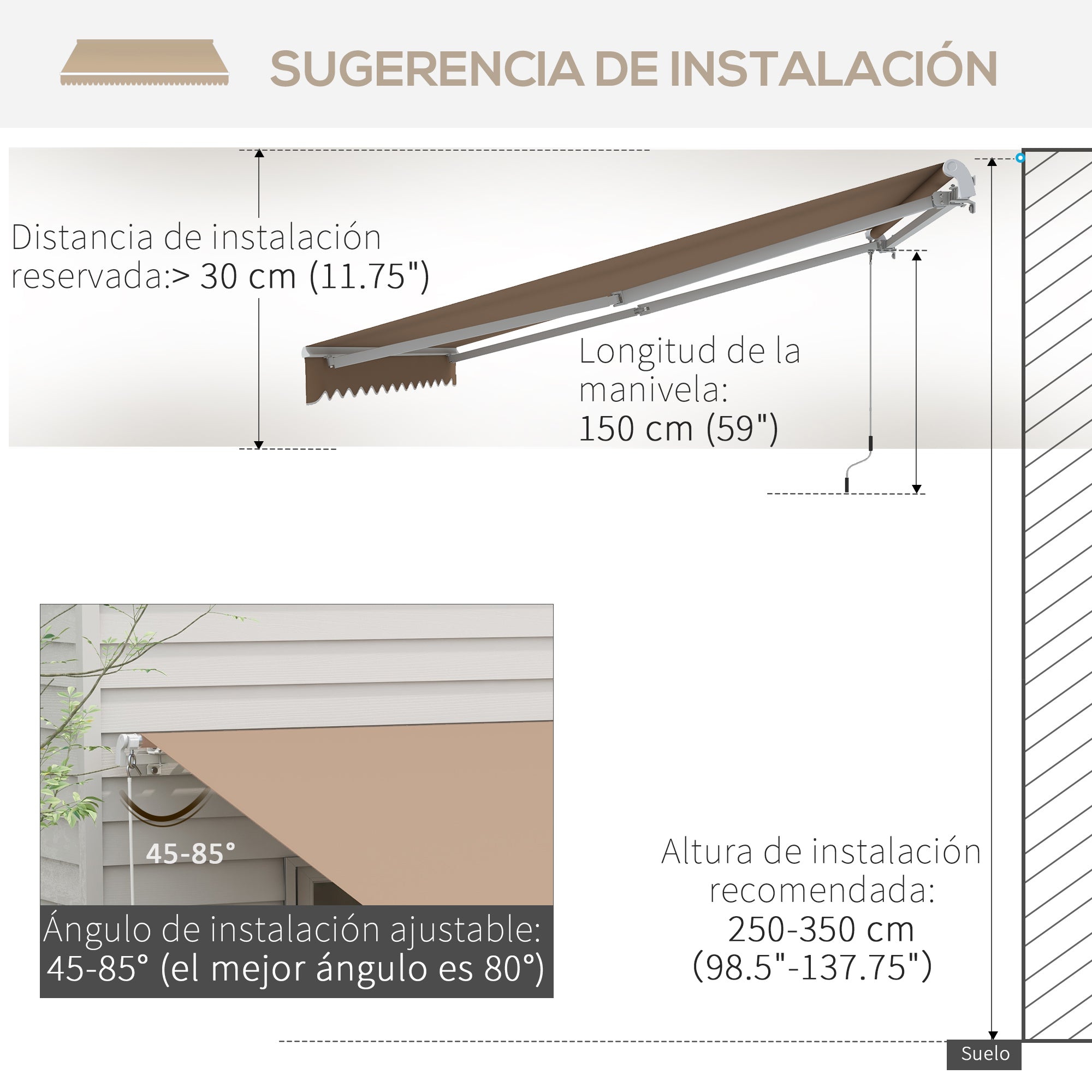Manual Retractable Awning 137.8" x 98.4" Awning for Balcony with Metal Crank Waterproof and Anti-UV Exterior Roll-Up Awning for Garden Terrace Windows Brown