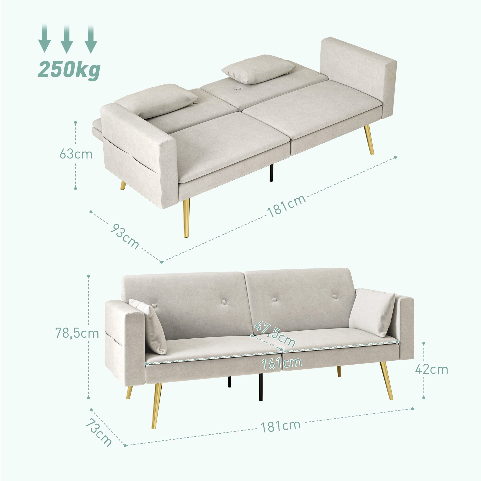 Sleeper Sofa, Sofa Bed with Adjustable Backrest, Side Pocket, Upholstered 2-Seater Sofa with Sleeper Function, Pillows, for Living Room, Bedroom, Beige