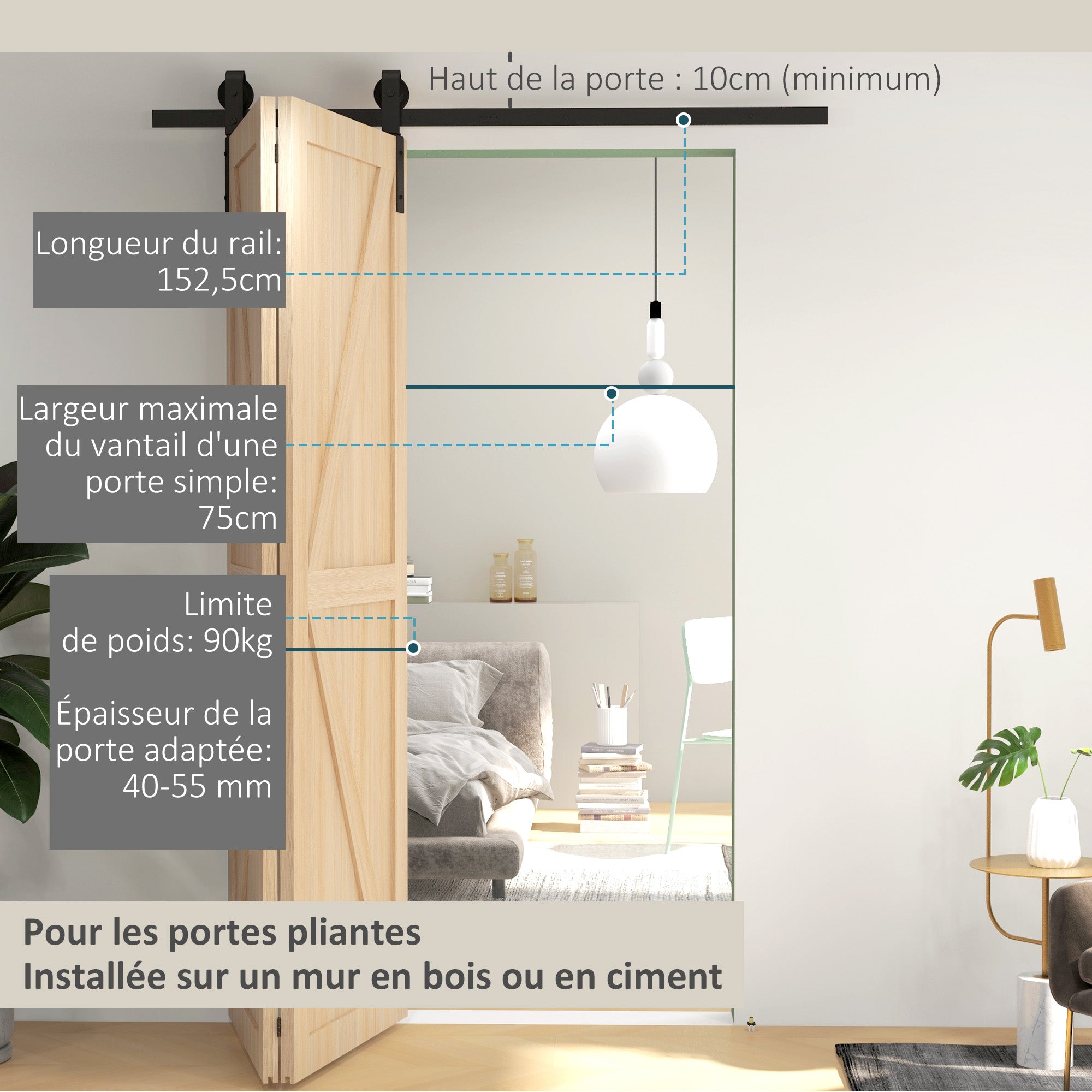 152.5CM Sliding Barn Door Hardware Folding Closet Door Track Kit Steel Foldable Barn Door System for 2 Doors with J-Shaped Hanger - Black