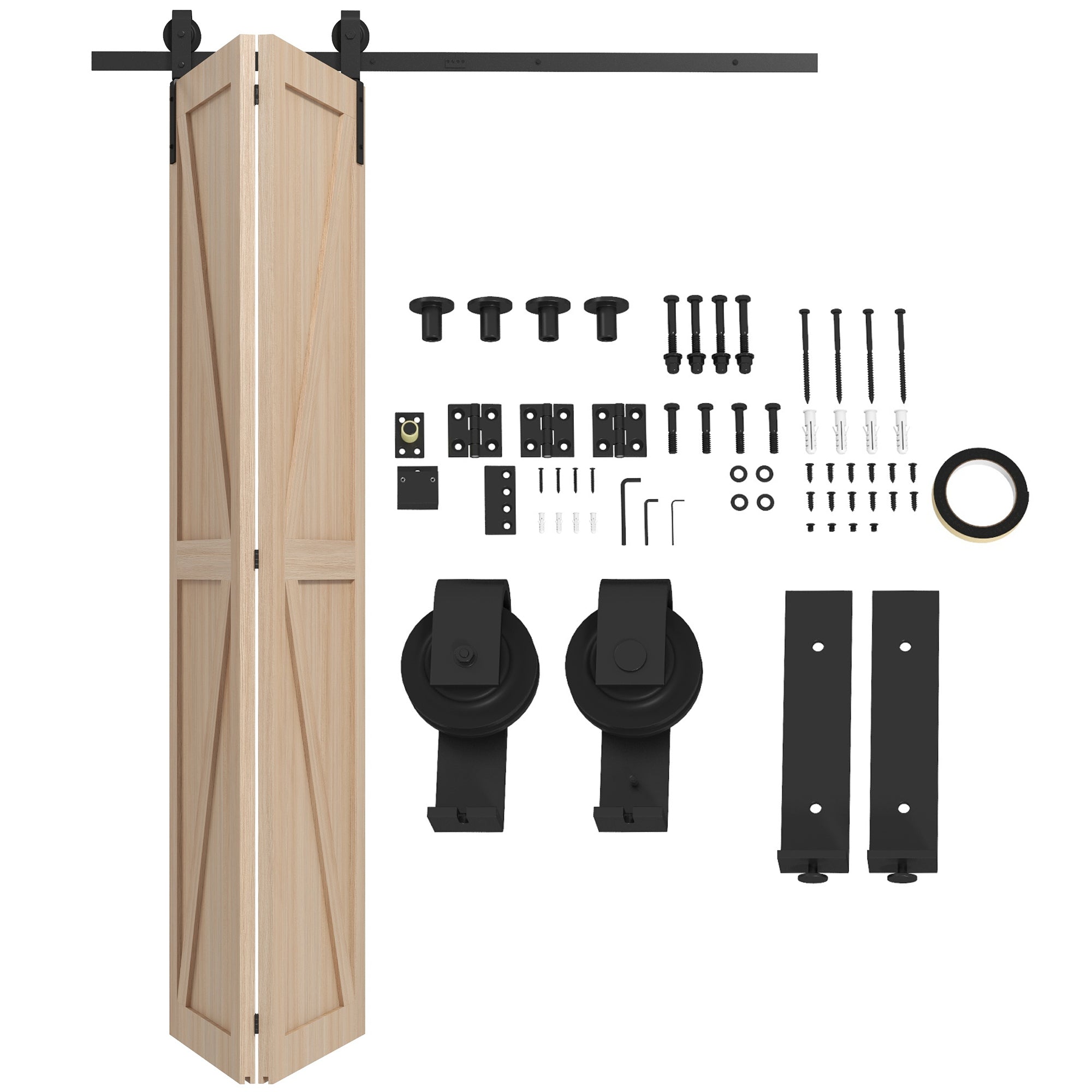 152.5CM Sliding Barn Door Hardware Folding Closet Door Track Kit Steel Foldable Barn Door System for 2 Doors with J-Shaped Hanger - Black