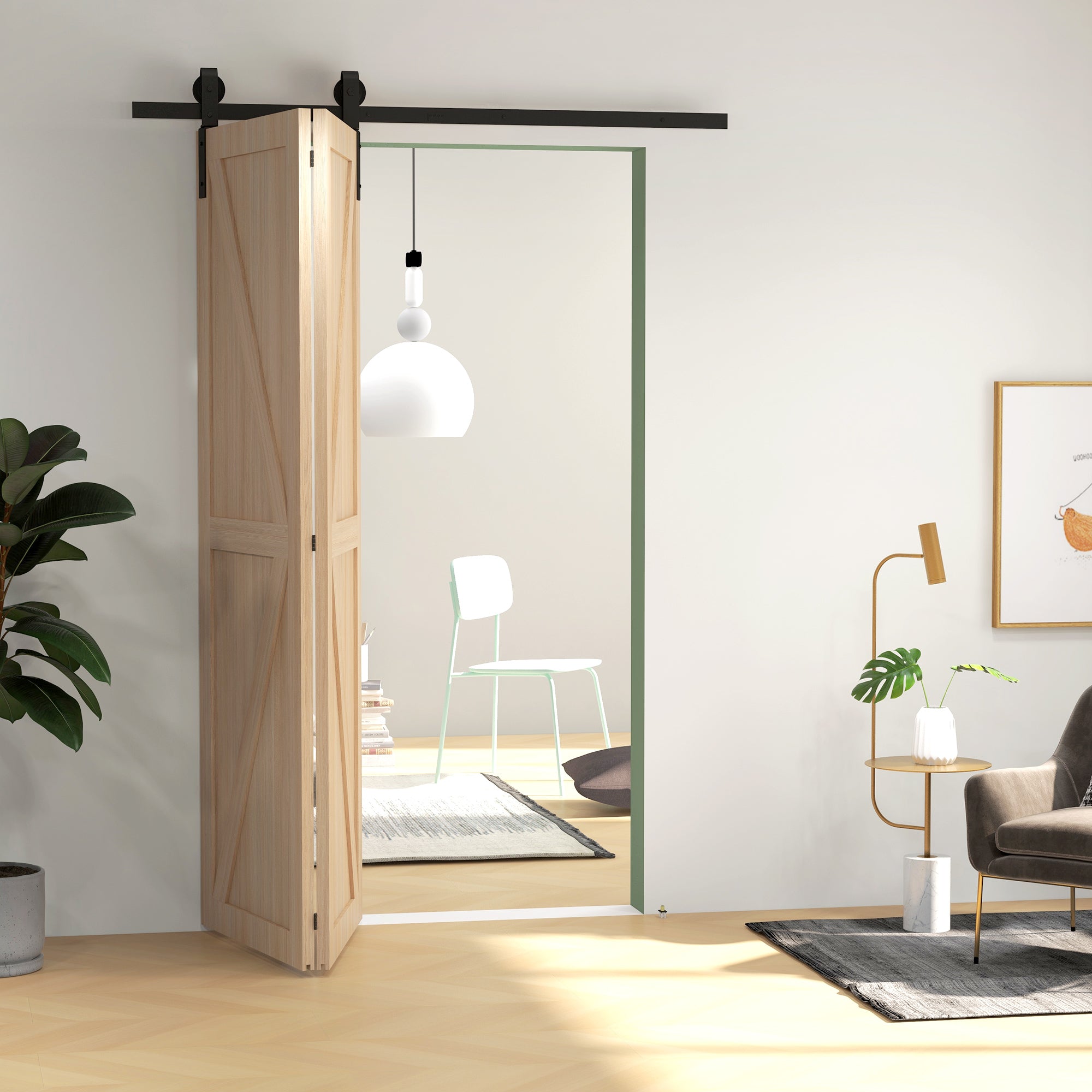 152.5CM Sliding Barn Door Hardware Folding Closet Door Track Kit Steel Foldable Barn Door System for 2 Doors with J-Shaped Hanger - Black