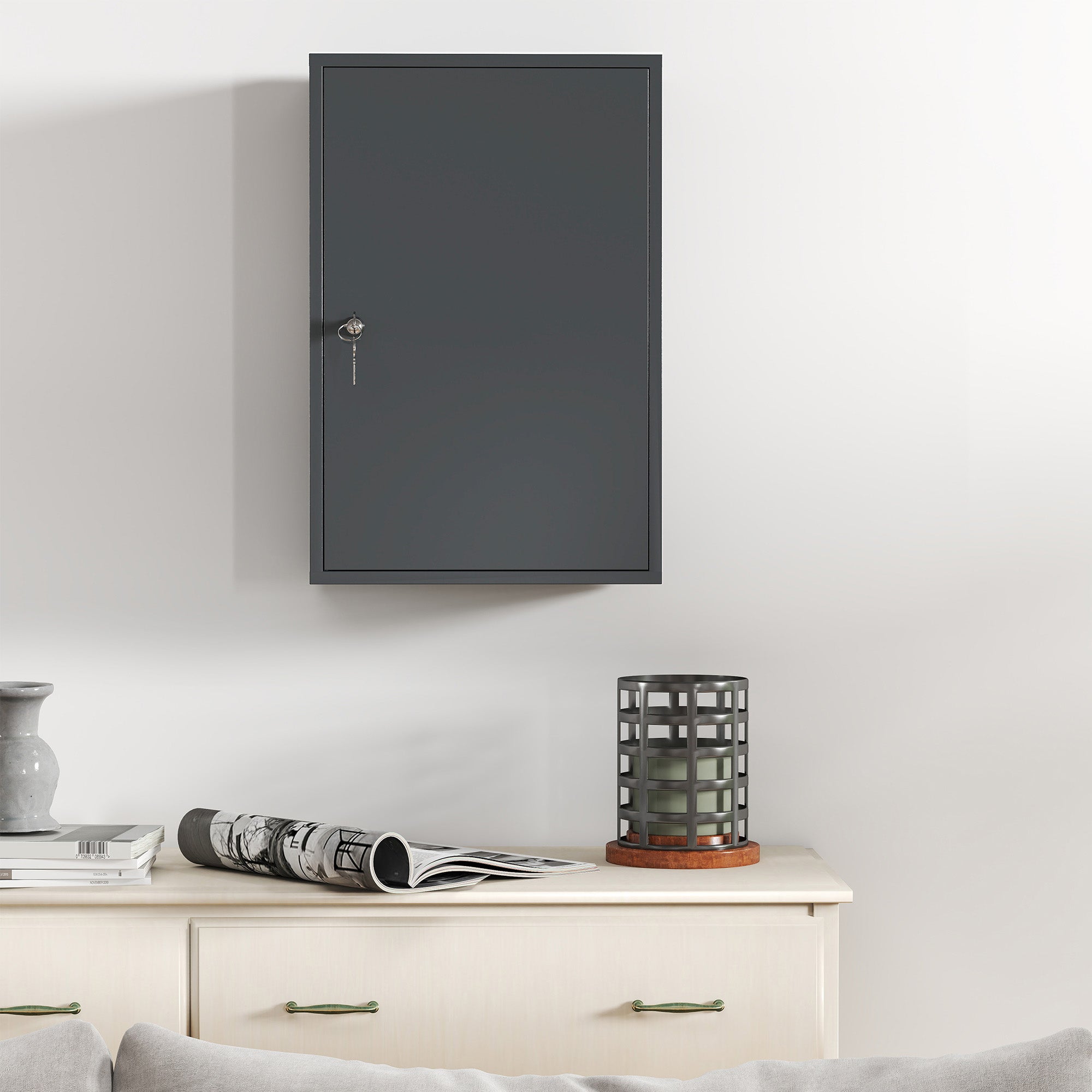 Lockable Medicine Cabinet — Metal 3-Shelf Wall Cabinet with Keys, 15.7 x 7.1 x 23.6 in, Gray