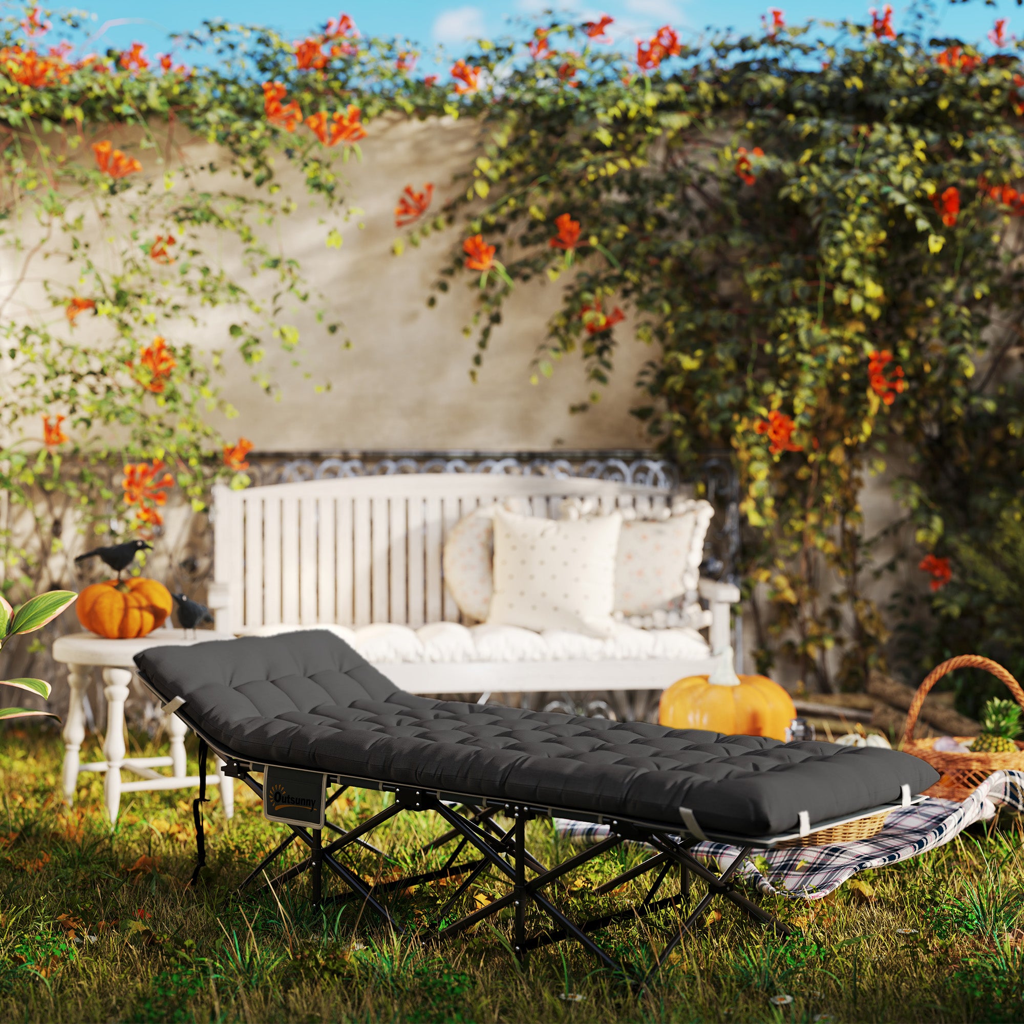 Folding Camping Bed Portable Camping Cot Lounger with Headrest Removable Mattress and Carrying Bag Load 150 kg for Beach Hiking 196x68x37 cm Black