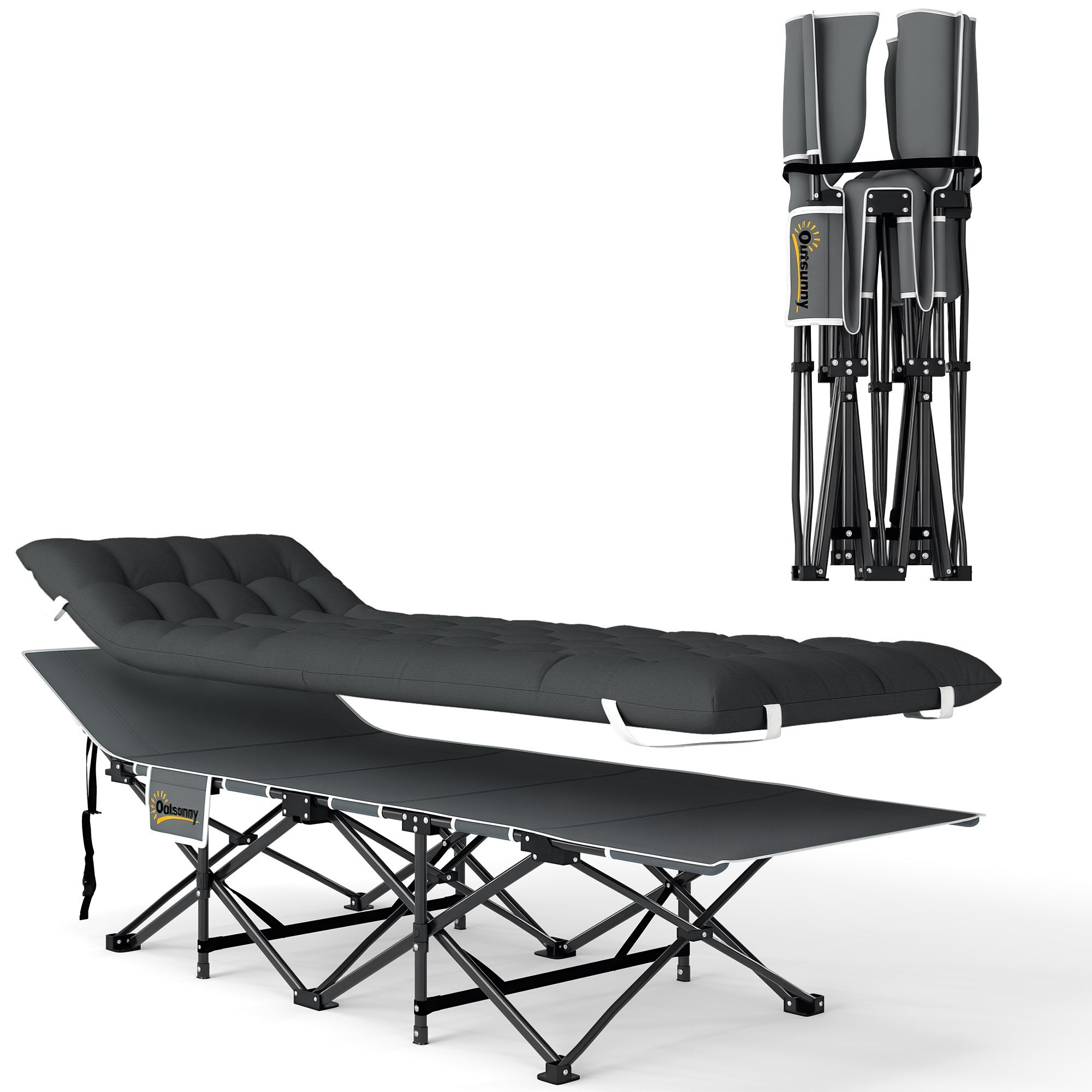 Folding Camping Bed Portable Camping Cot Lounger with Headrest Removable Mattress and Carrying Bag Load 150 kg for Beach Hiking 196x68x37 cm Black