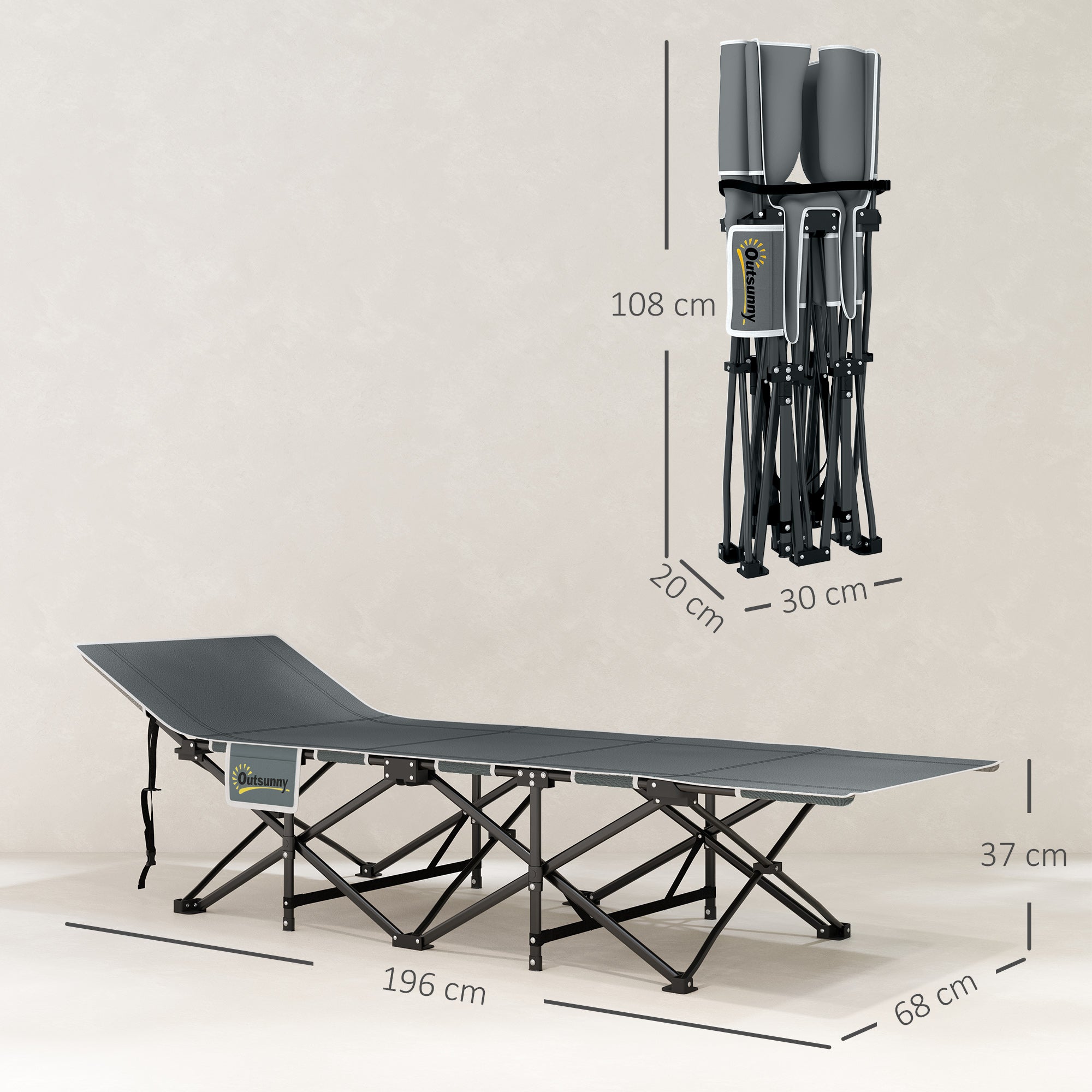 Folding Camping Bed Portable Camping Cot Lounger with Headrest Removable Mattress and Carrying Bag Load 150 kg for Beach Hiking 196x68x37 cm Black