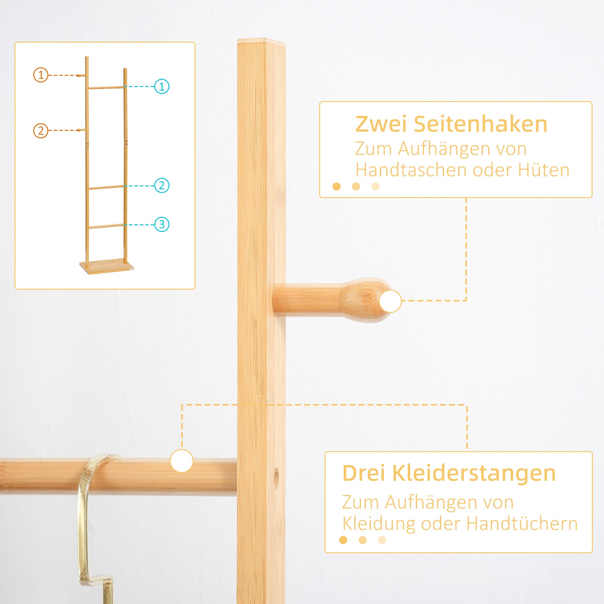 Coat Stand, Clothes Rail with 2 Hooks, 3 Bars, Rack for Hats, Clothing, for Entryway, Hallway, 36 x 24 x 168 cm, Bamboo, Natural