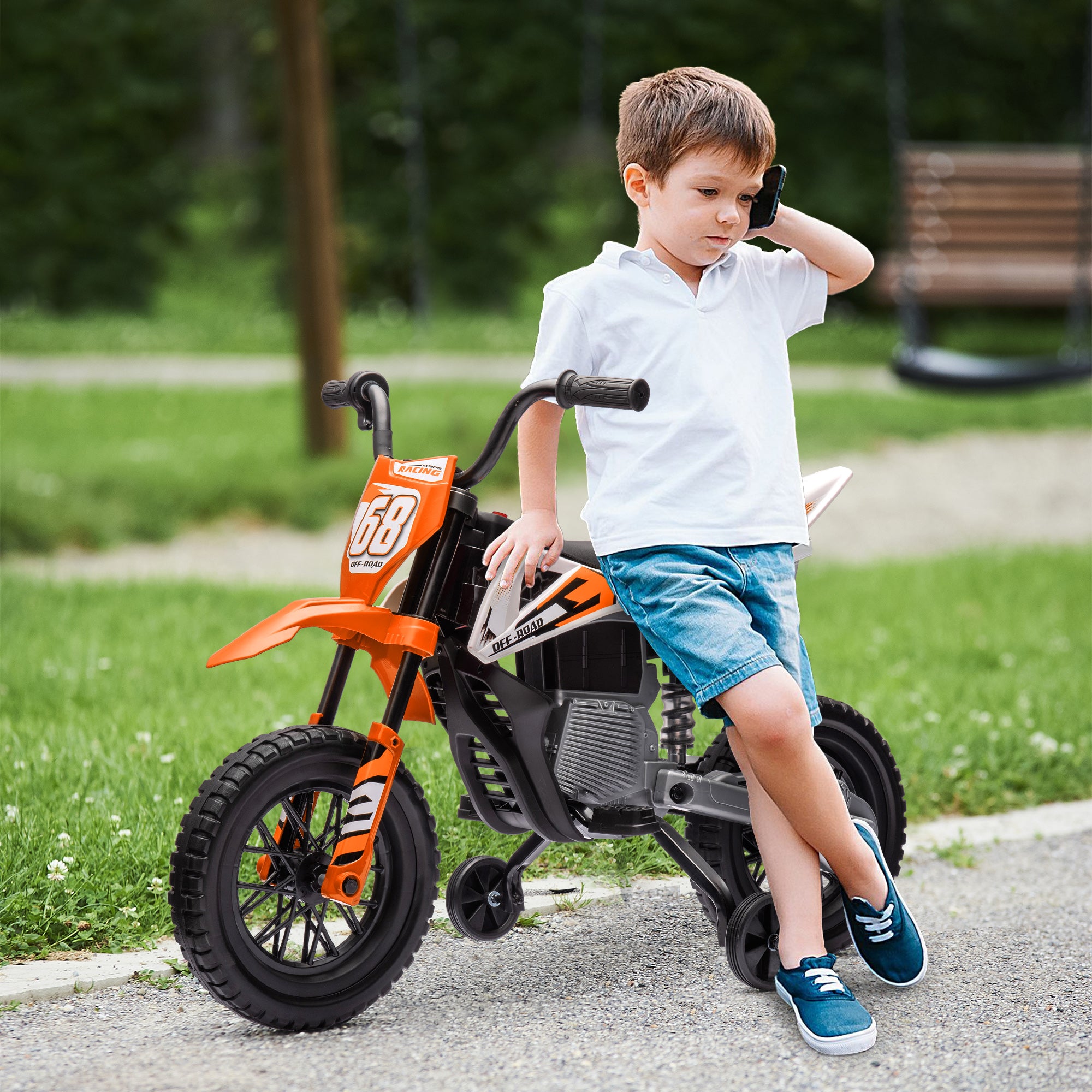 Kids Electric Motorcycle, 12V Children's Bike with Music, Children's Vehicle with Removable Training Wheels, 2.4-5 km/h, for 3-6 years old kids, max. 30 kg, Orange