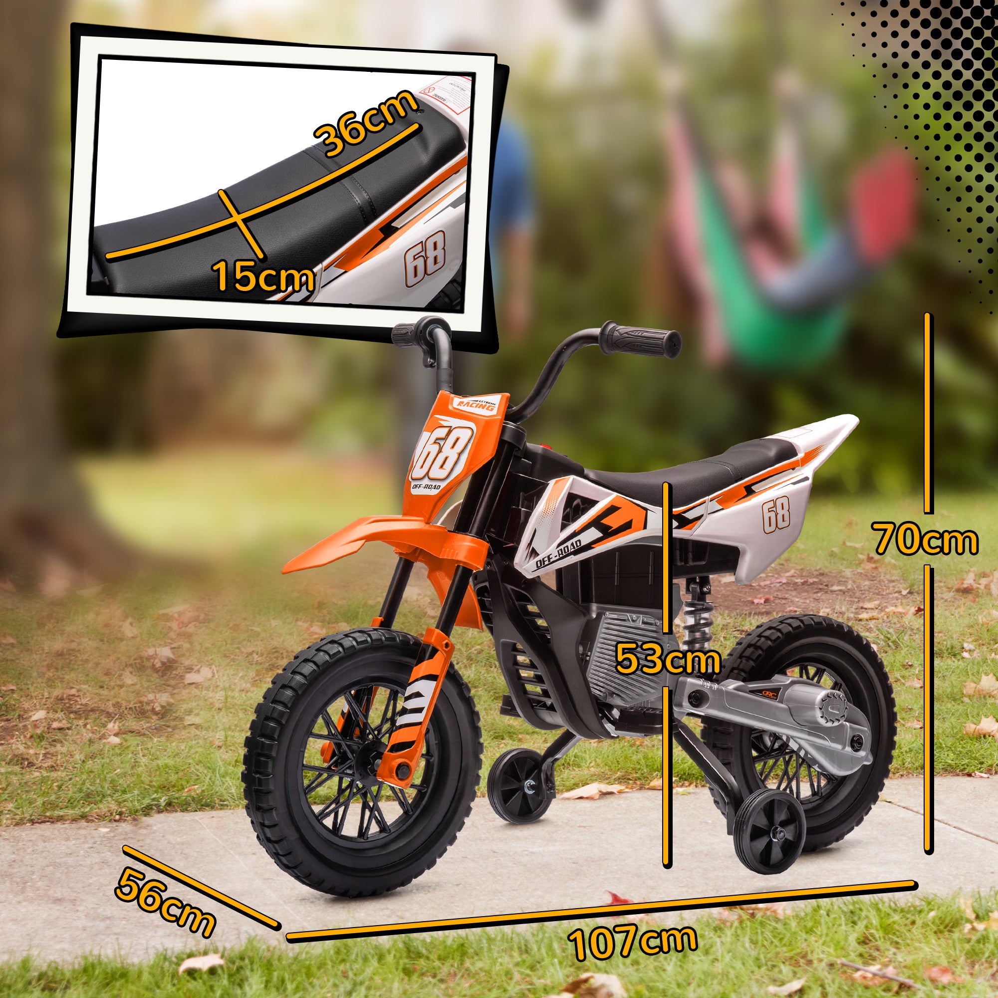 Kids Electric Motorcycle, 12V Children's Bike with Music, Children's Vehicle with Removable Training Wheels, 2.4-5 km/h, for 3-6 years old kids, max. 30 kg, Orange