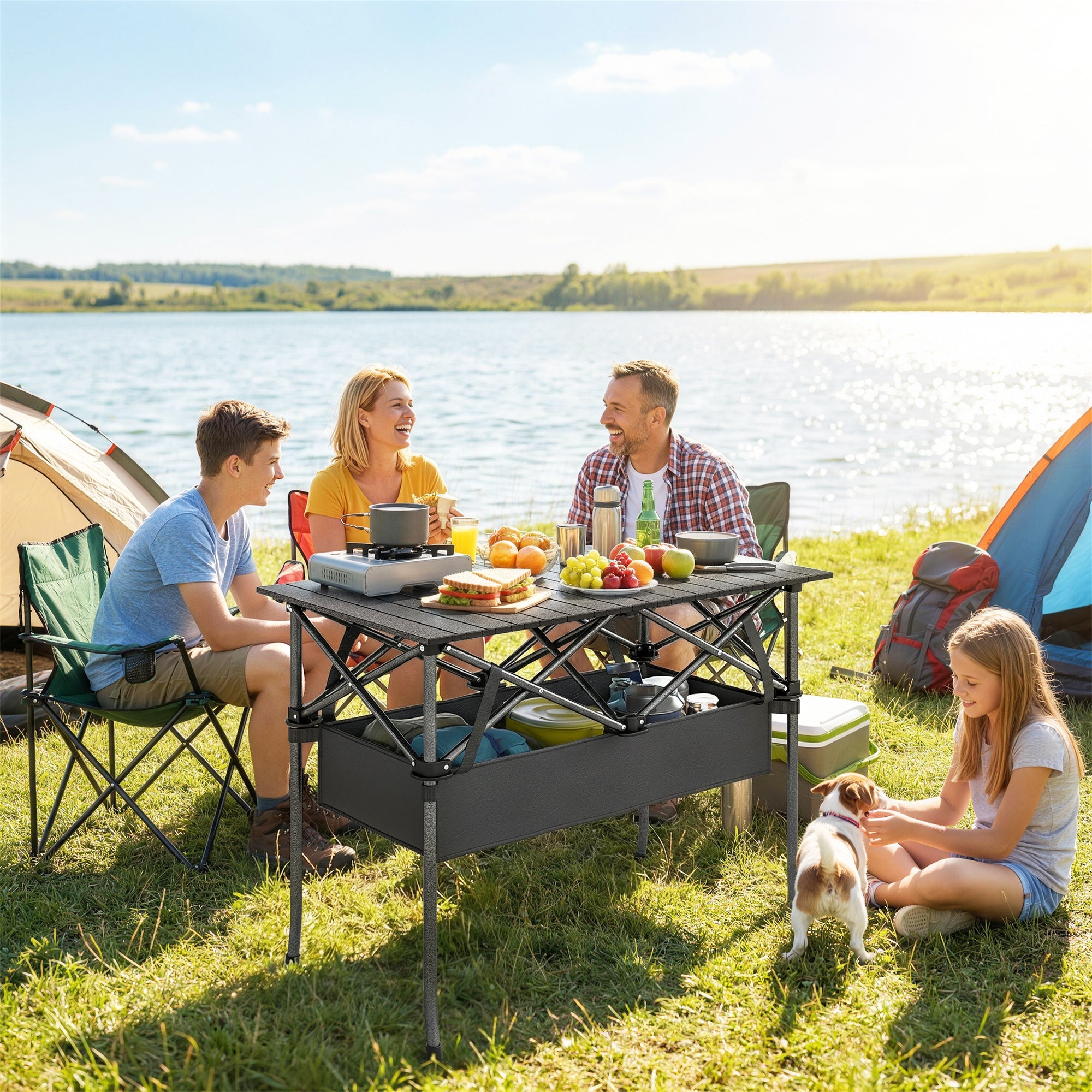 Foldable Camping Table, 36.6 x 21.7 x 26.8 in, Portable Roll-Up Aluminum Top with Storage Net, Metal Frame, Carry Bag, Black