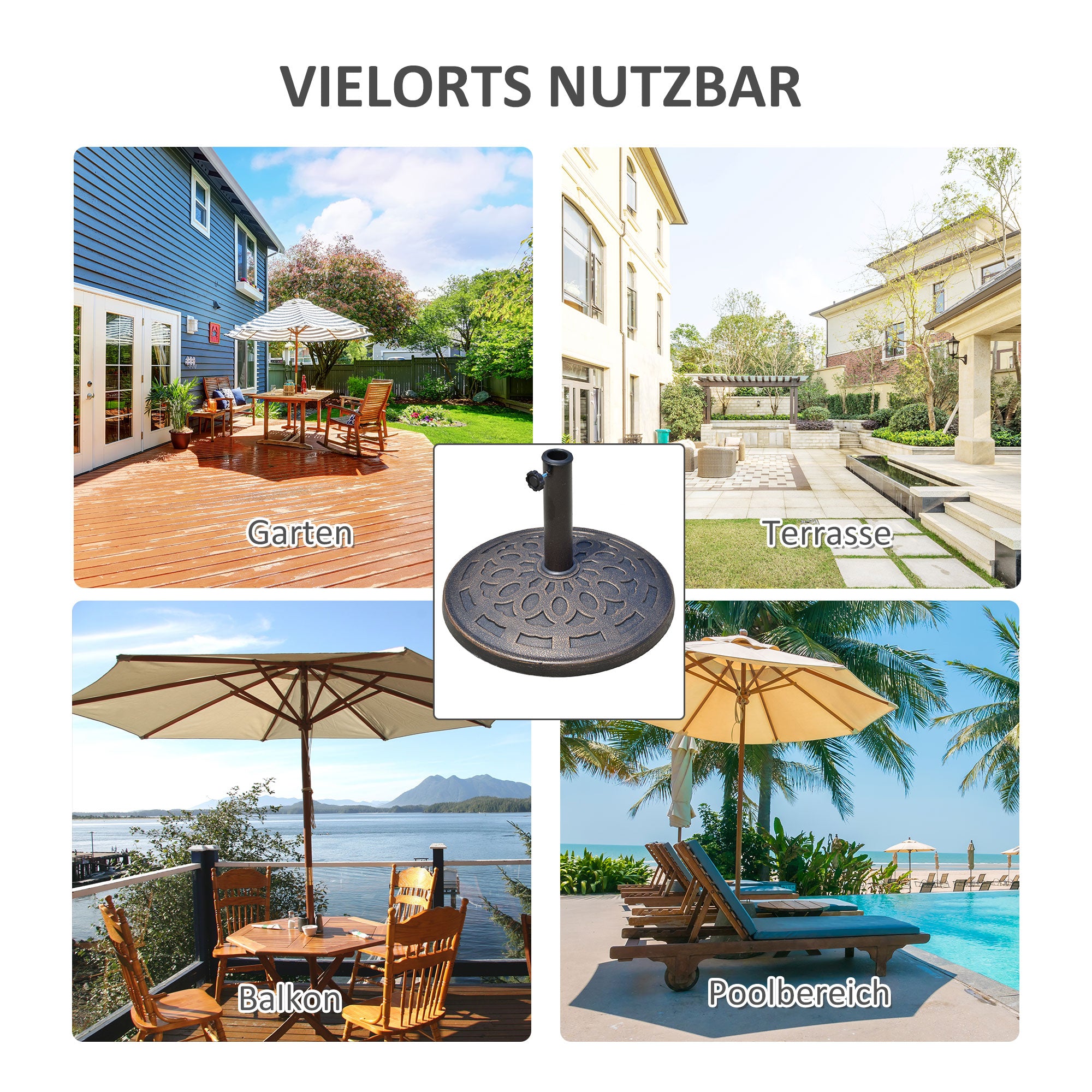 Resin Umbrella Stand 14kg Umbrella Base Handles, Round Umbrella Holder, Umbrella Weight for Umbrella 38mm/48mm Pole Diameter, for Balcony, Terrace, Garden, Bronze