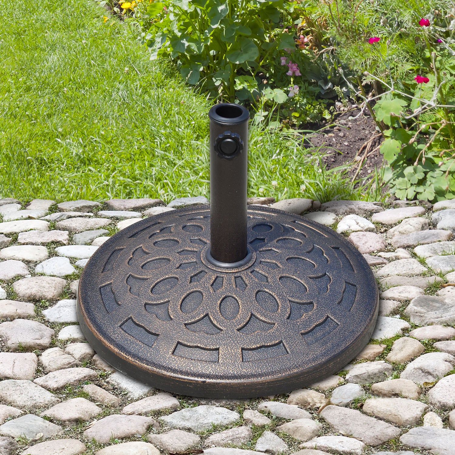 Resin Umbrella Stand 14kg Umbrella Base Handles, Round Umbrella Holder, Umbrella Weight for Umbrella 38mm/48mm Pole Diameter, for Balcony, Terrace, Garden, Bronze