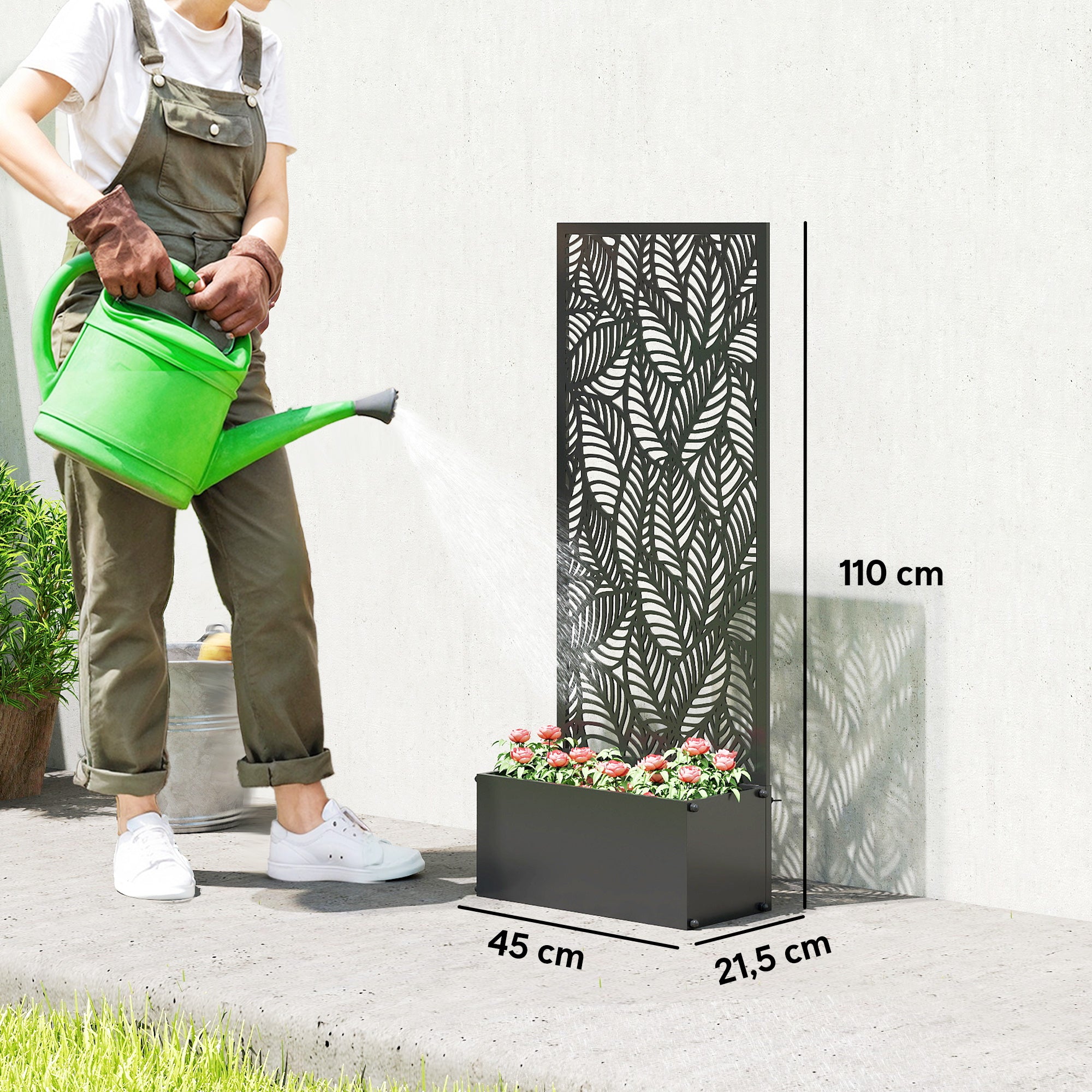 Metal Planter with Trellis — Raised Flower Bed with Privacy Screen, Leaf-Cut Design, for Climbers, Vegetables & Flowers, 45 x 21.5 x 110 cm (Black)