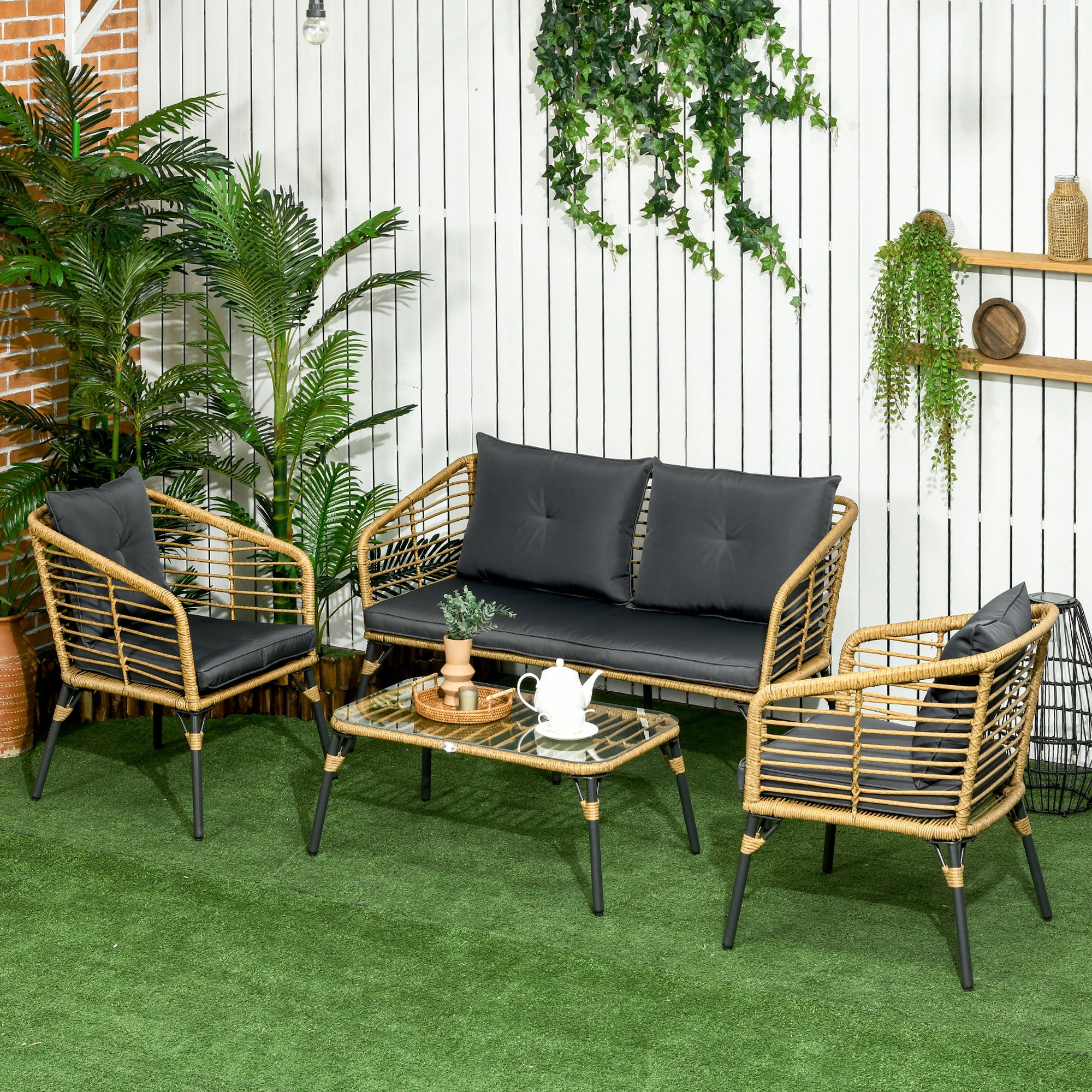 4 pcs Garden Furniture Set, Rattan Seating Group with Cushions, Set with 3 Armchairs, 1 Coffee Table, Balcony Furniture in Boho Style for 4 Persons, Sand+Dark gray