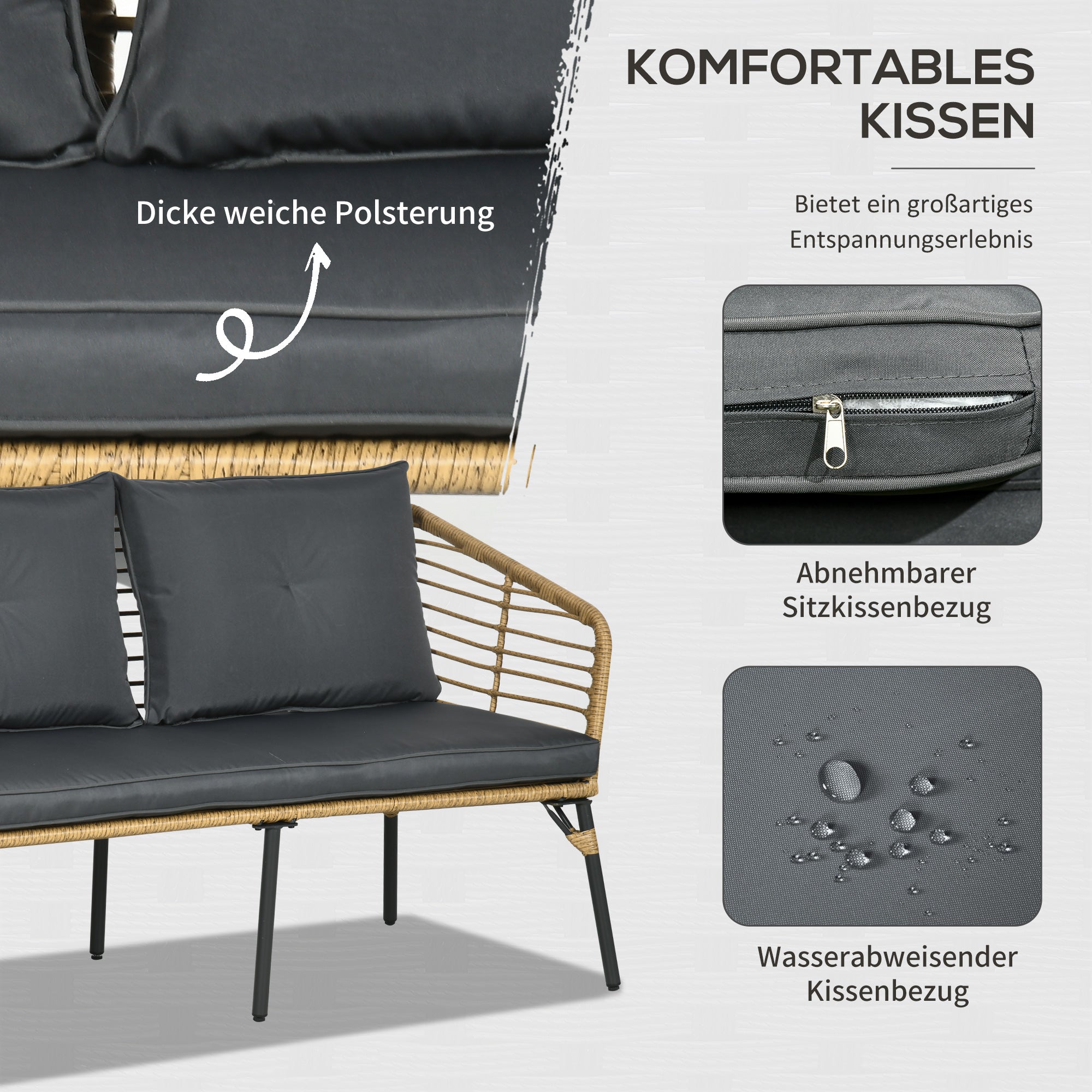 4 pcs Garden Furniture Set, Rattan Seating Group with Cushions, Set with 3 Armchairs, 1 Coffee Table, Balcony Furniture in Boho Style for 4 Persons, Sand+Dark gray