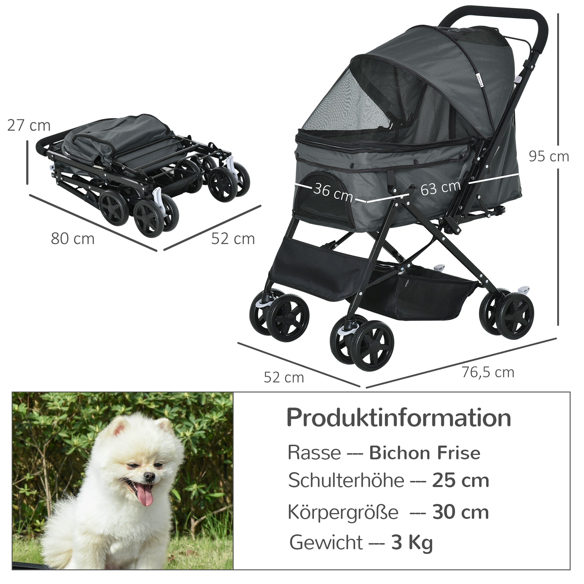 Pet Stroller Dog Buggy for Small Dogs and Cats Pet Carriage Pet Stroller Cat Buggy Oxford Dark Gray 76.5 x 52 x 95 cm