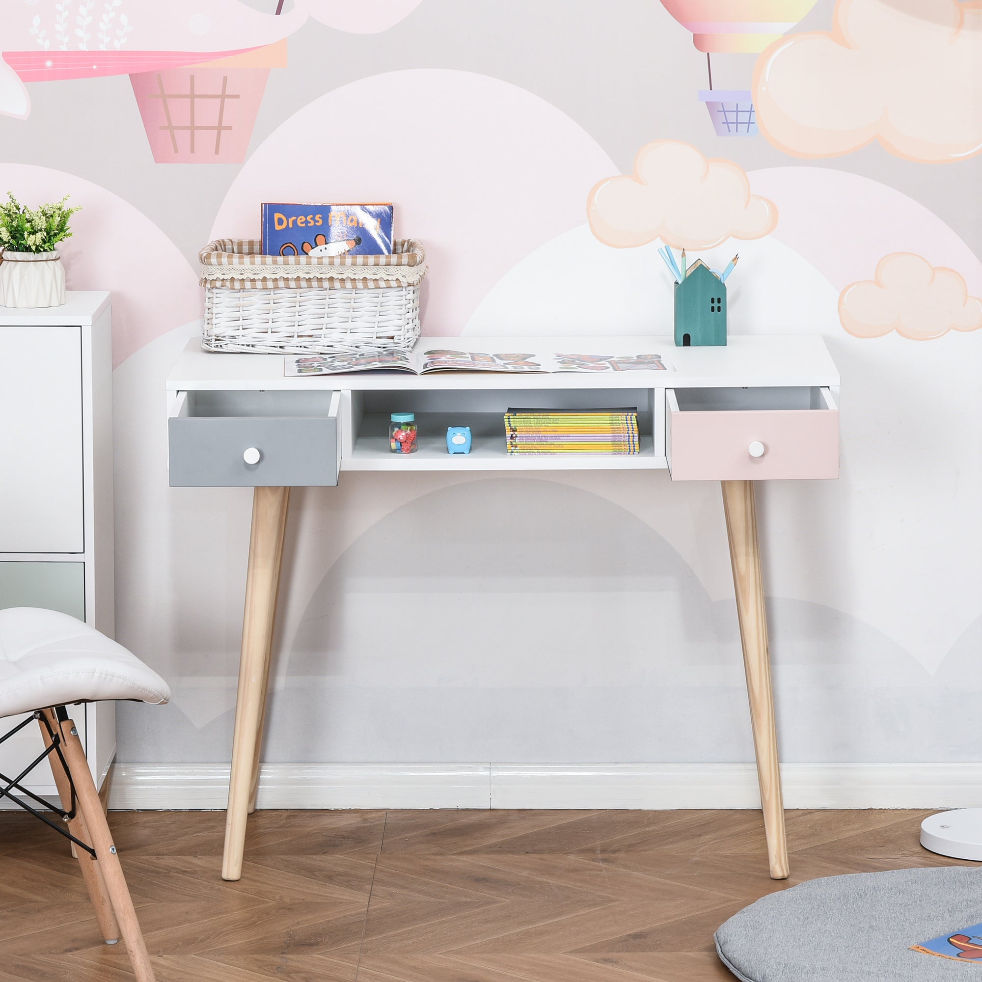 Children's Desk Console Table with 1 Open Compartment and 2 Drawers Nordic Style for Study Entry Bedroom 100x48x76.5 cm Multicolor