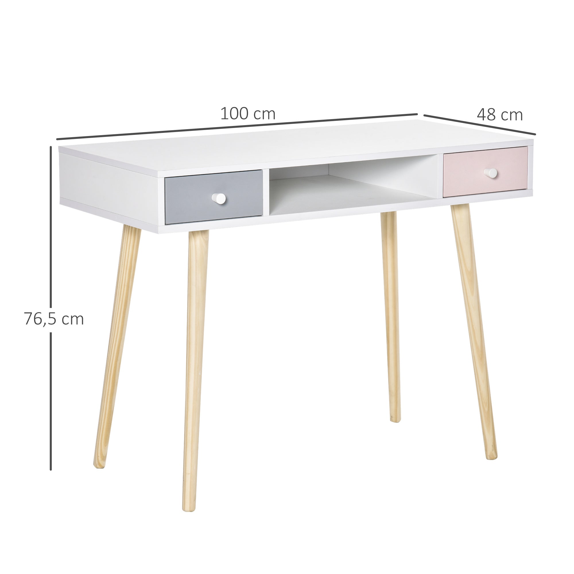 Children's Desk Console Table with 1 Open Compartment and 2 Drawers Nordic Style for Study Entry Bedroom 100x48x76.5 cm Multicolor