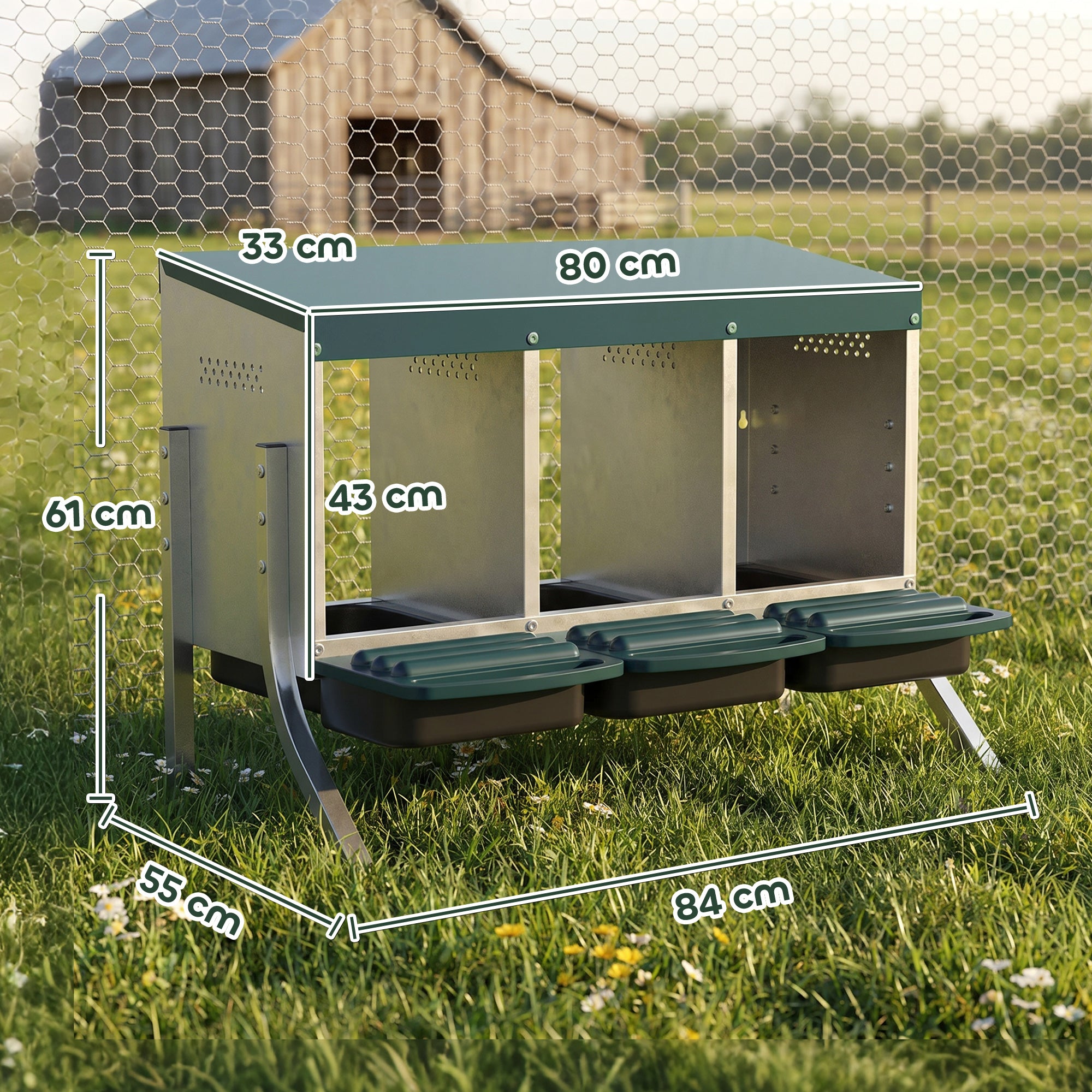 3-Compartment Rollaway Nesting Box for Chickens, Ventilated with Drainage, Fits 3 Hens, 85 x 54.6 x 61 cm (33.5 x 21.5 x 24 in), Silver/Green